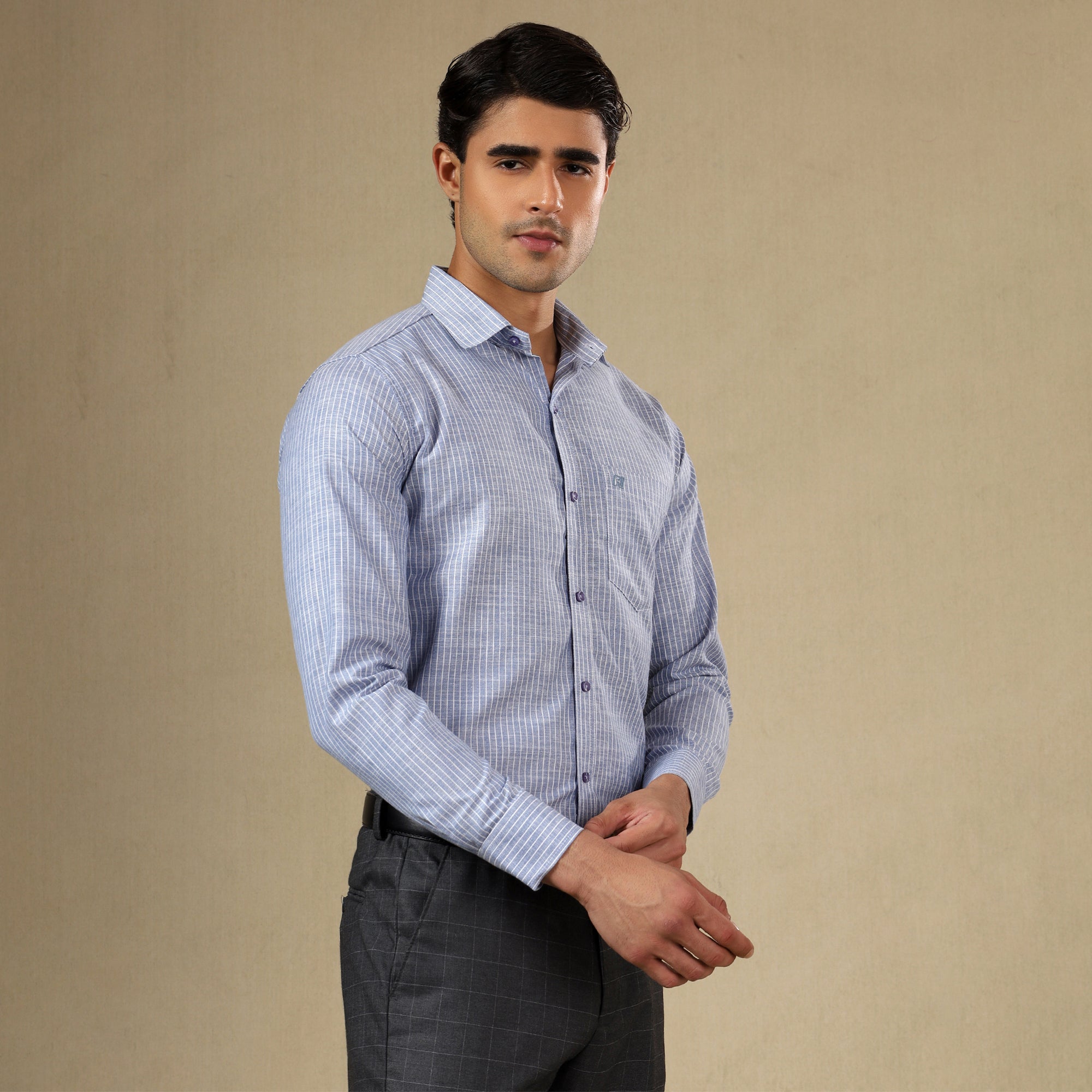 Men's Striped Linen Regular Fit Single Pocket Shirt- Blue