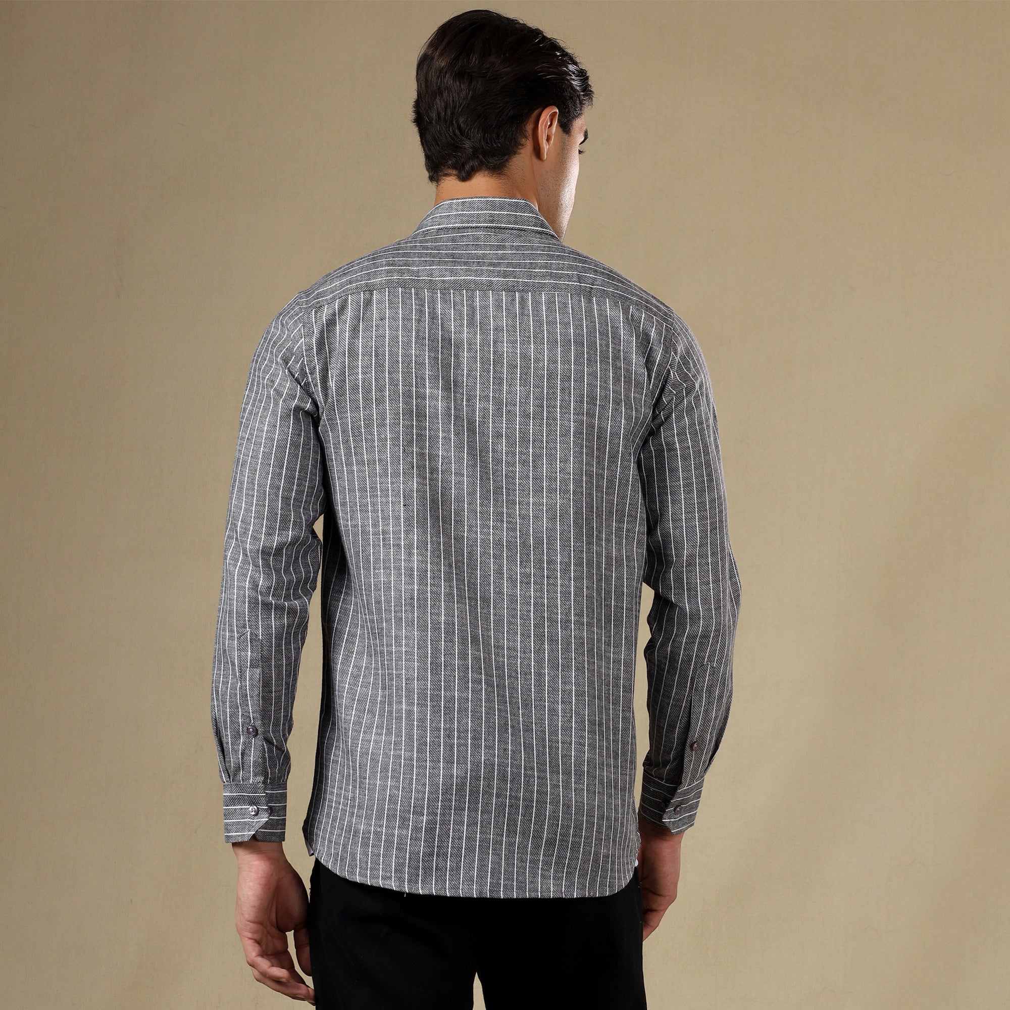 Men's Striped Linen Regular Fit Single Pocket Shirt- Grey