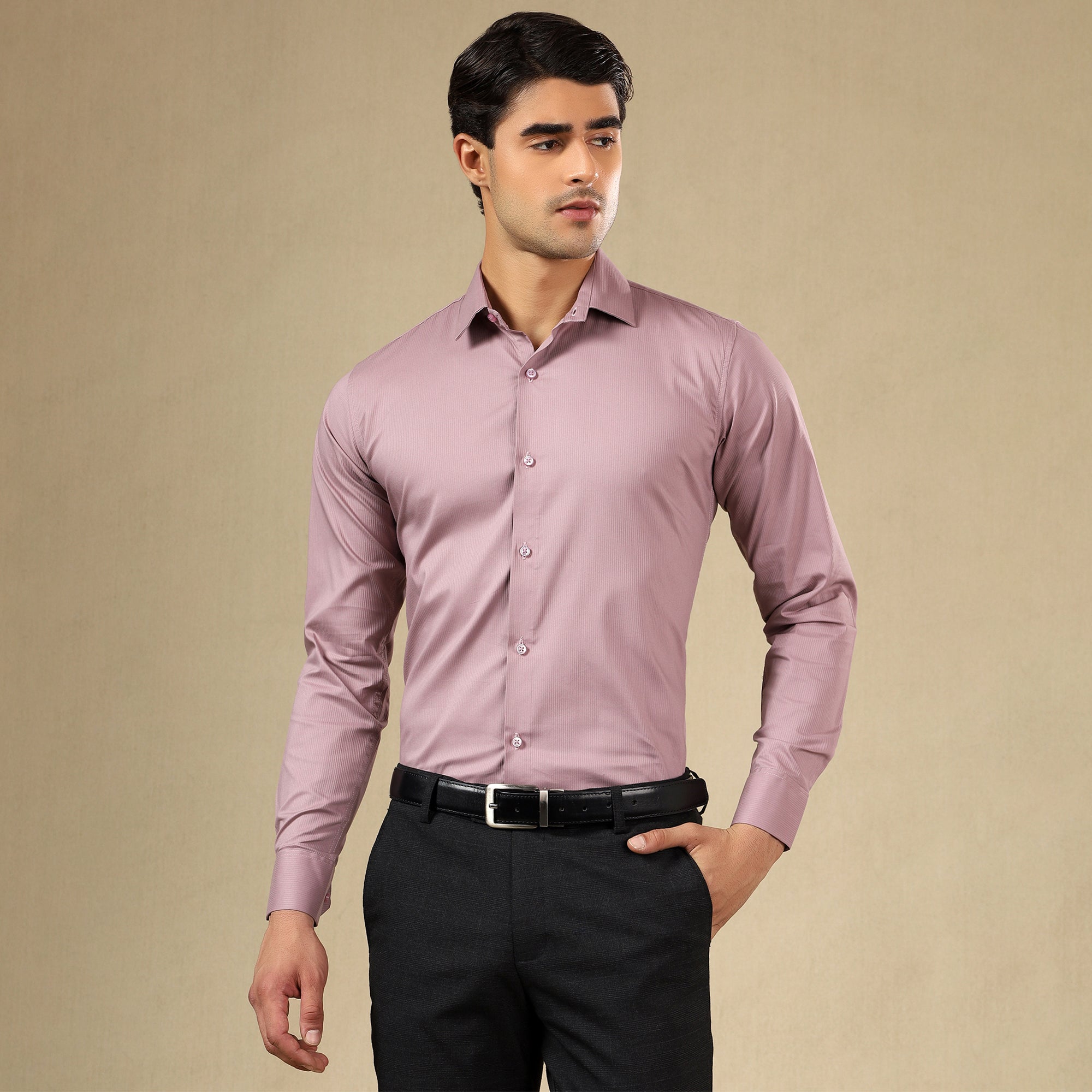Men’s Classic Self-Striped Regular Fit Shirt- Onion