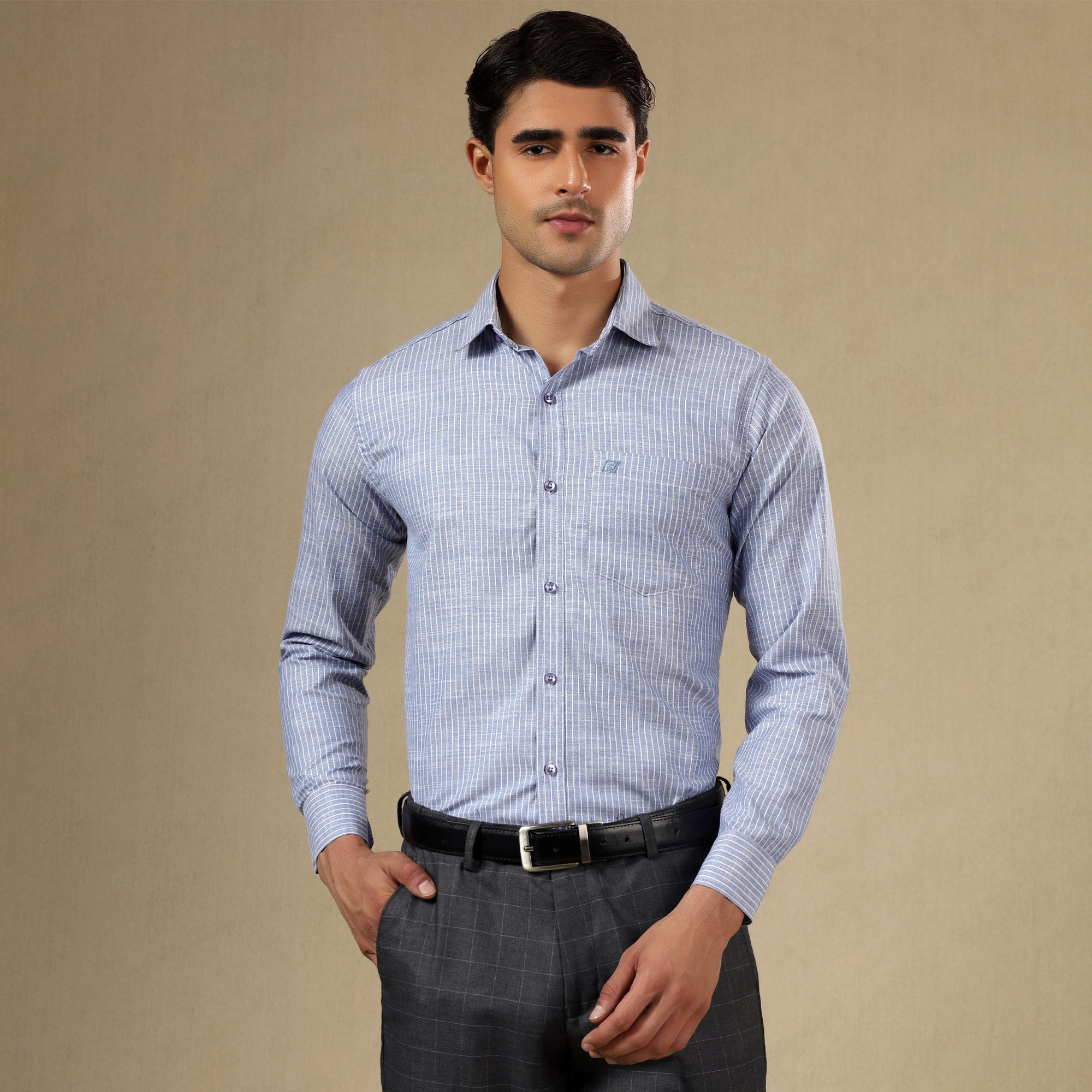 Men's Striped Linen Regular Fit Single Pocket Shirt- Blue