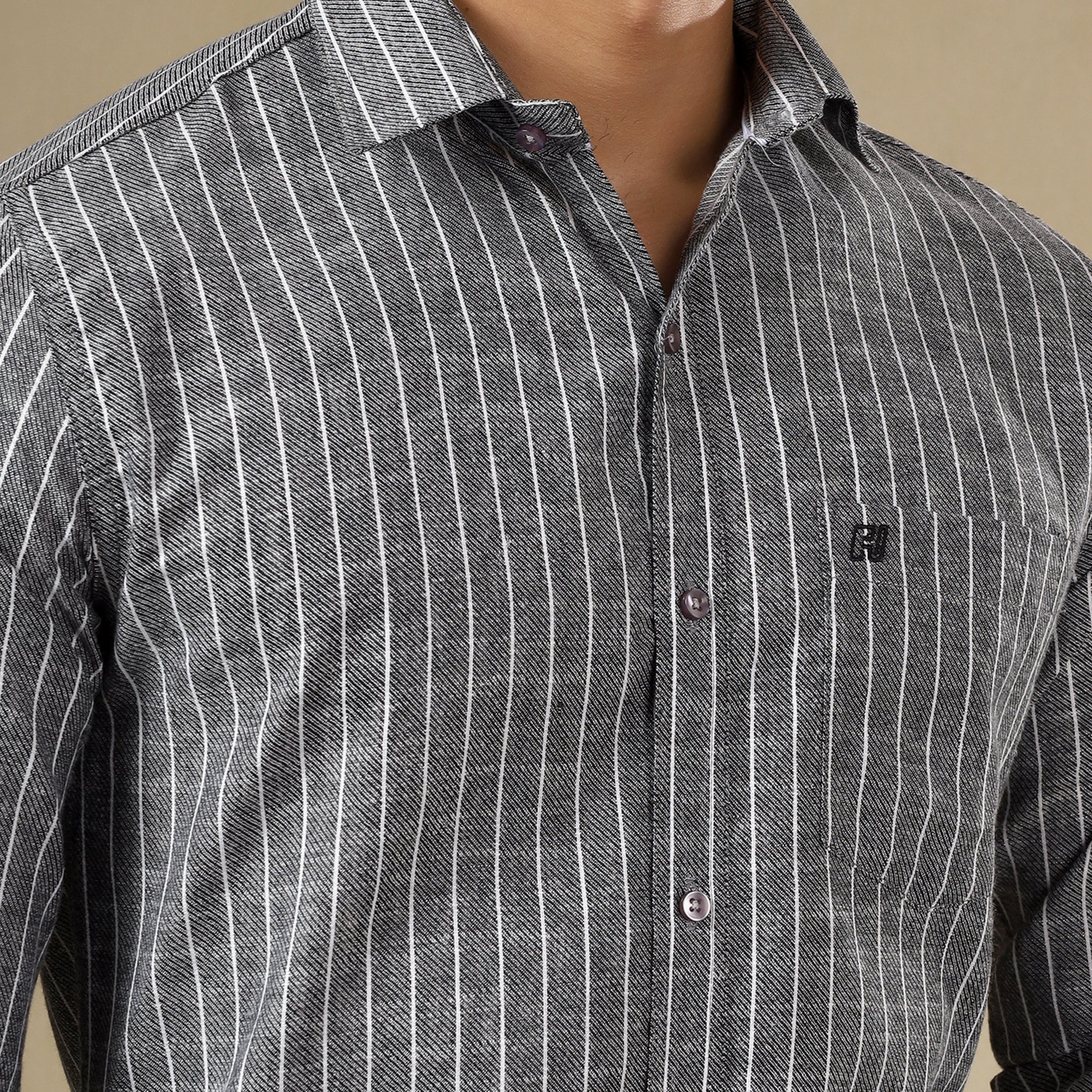 Men's Striped Linen Regular Fit Single Pocket Shirt- Grey