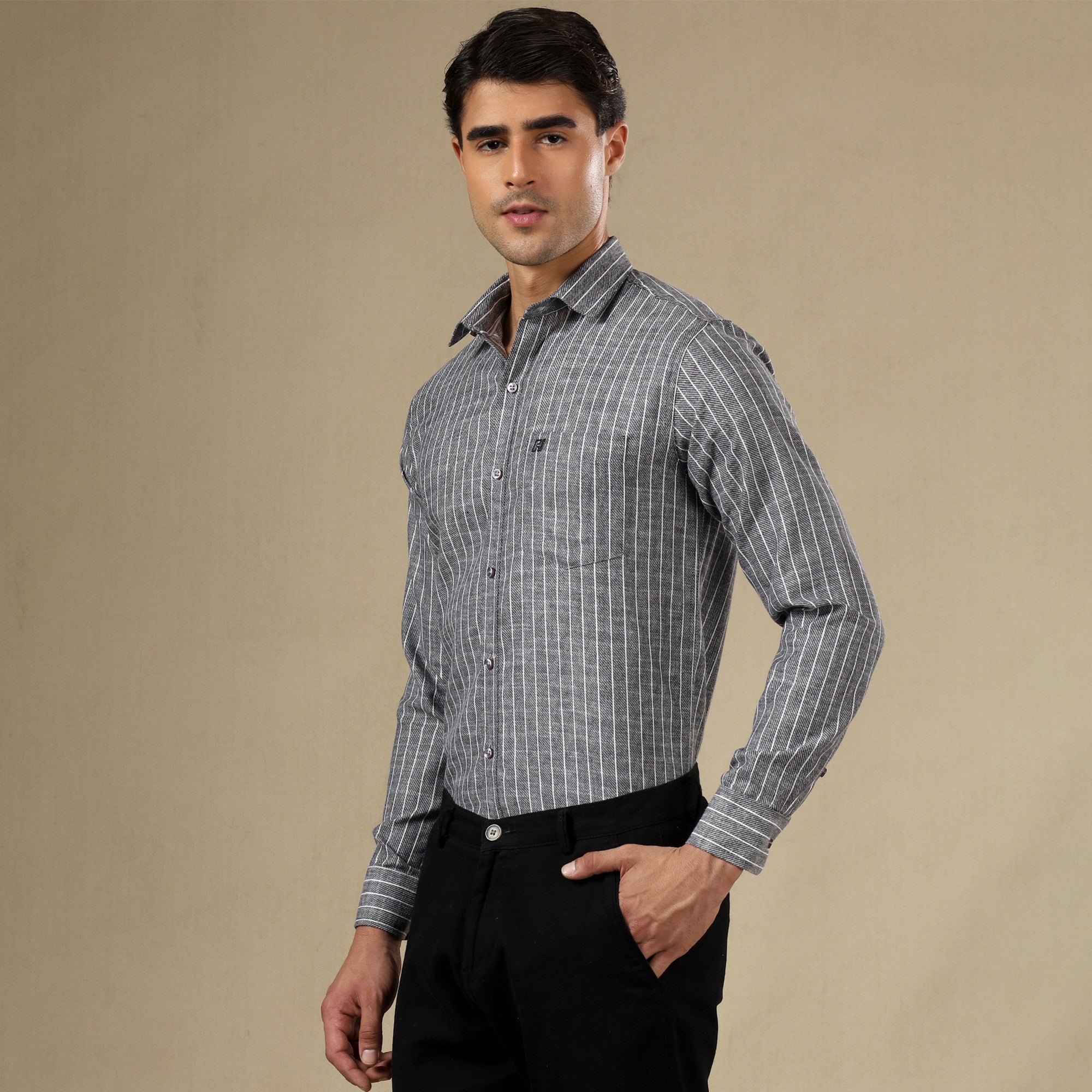 Men's Striped Linen Regular Fit Single Pocket Shirt- Grey