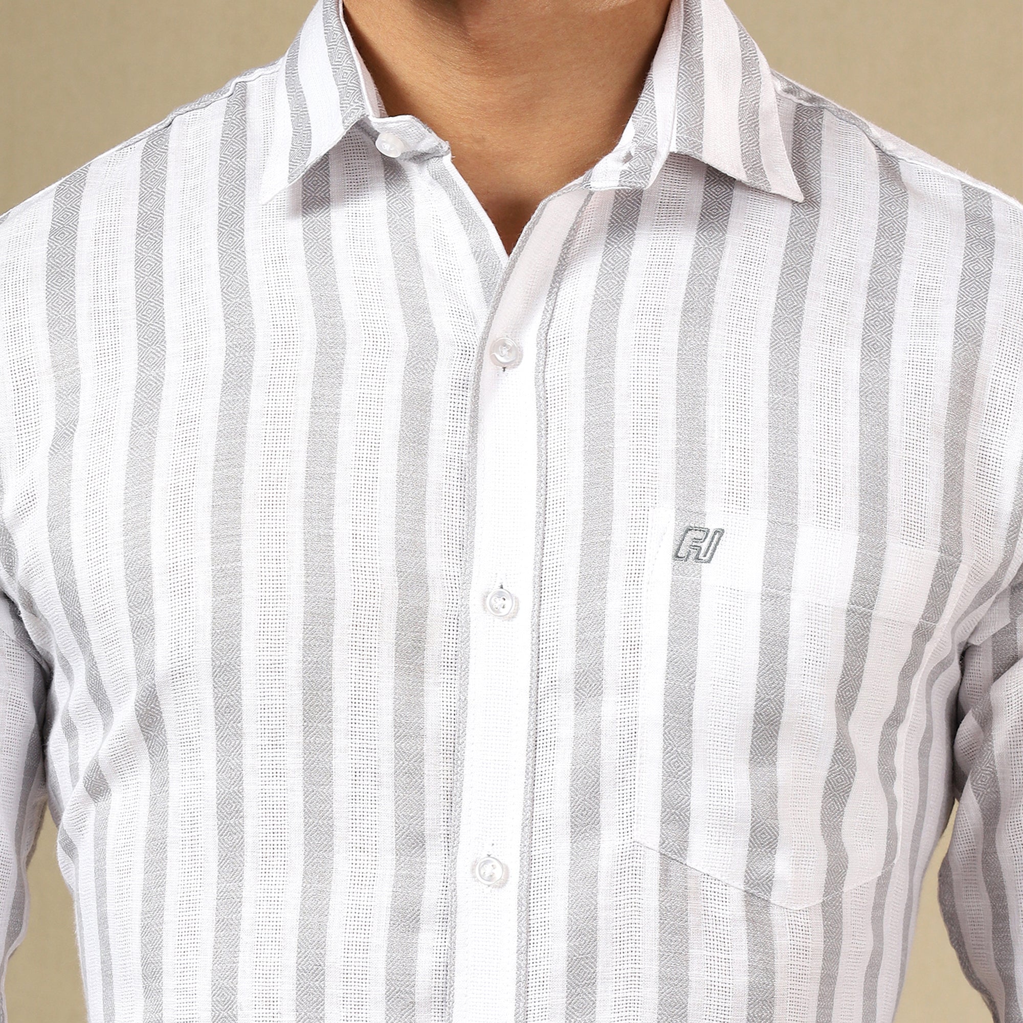 Men's Striped Linen Regular Fit Single Pocket Shirt- Grey