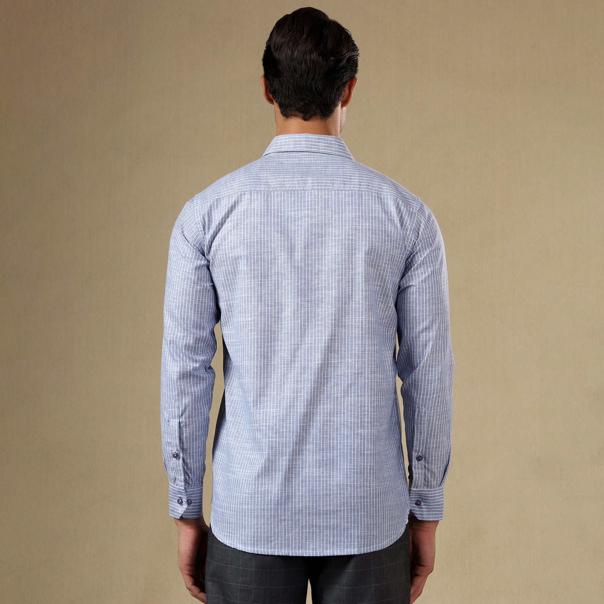 Men's Striped Linen Regular Fit Single Pocket Shirt- Blue