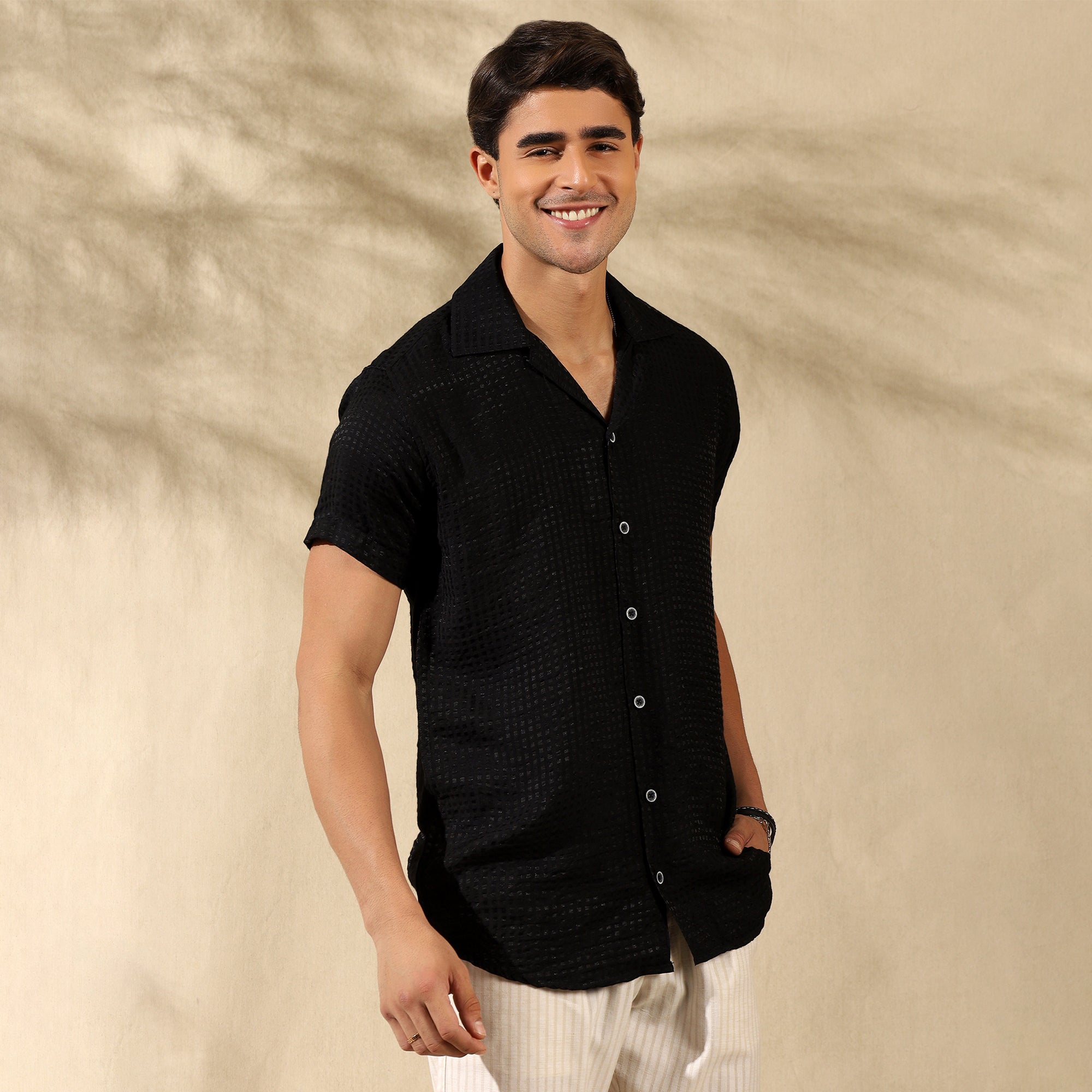 Men's Imported Textured Cuban Collar Casual Half Shirt Black
