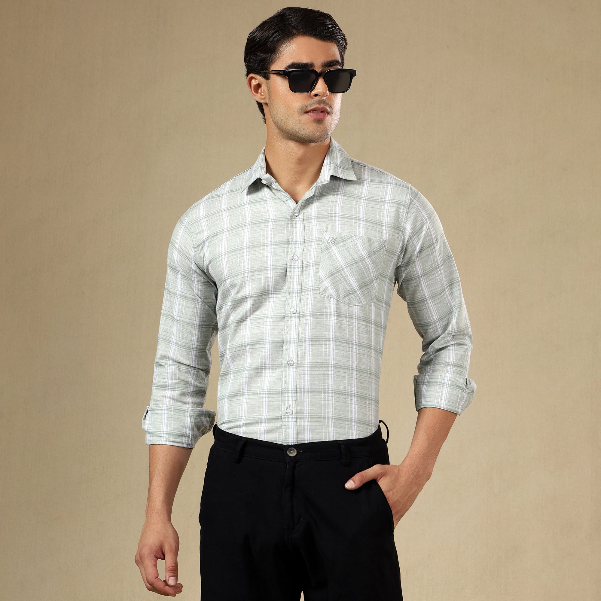 Men's Check Linen Regular Fit Single Pocket Shirt- Green