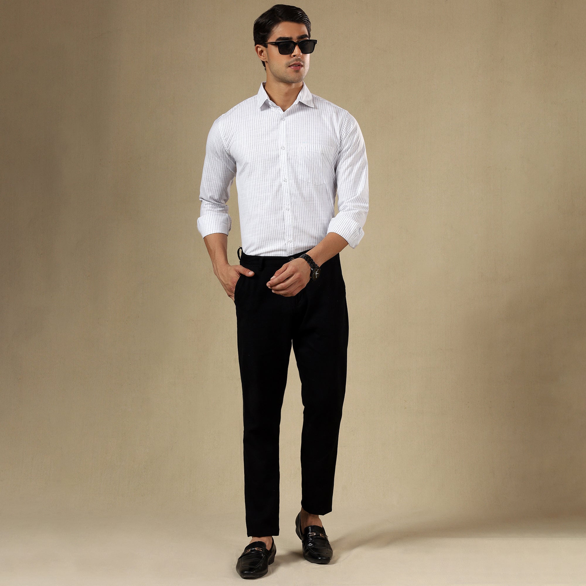 Men's Striped Linen Regular Fit Single Pocket Shirt- White