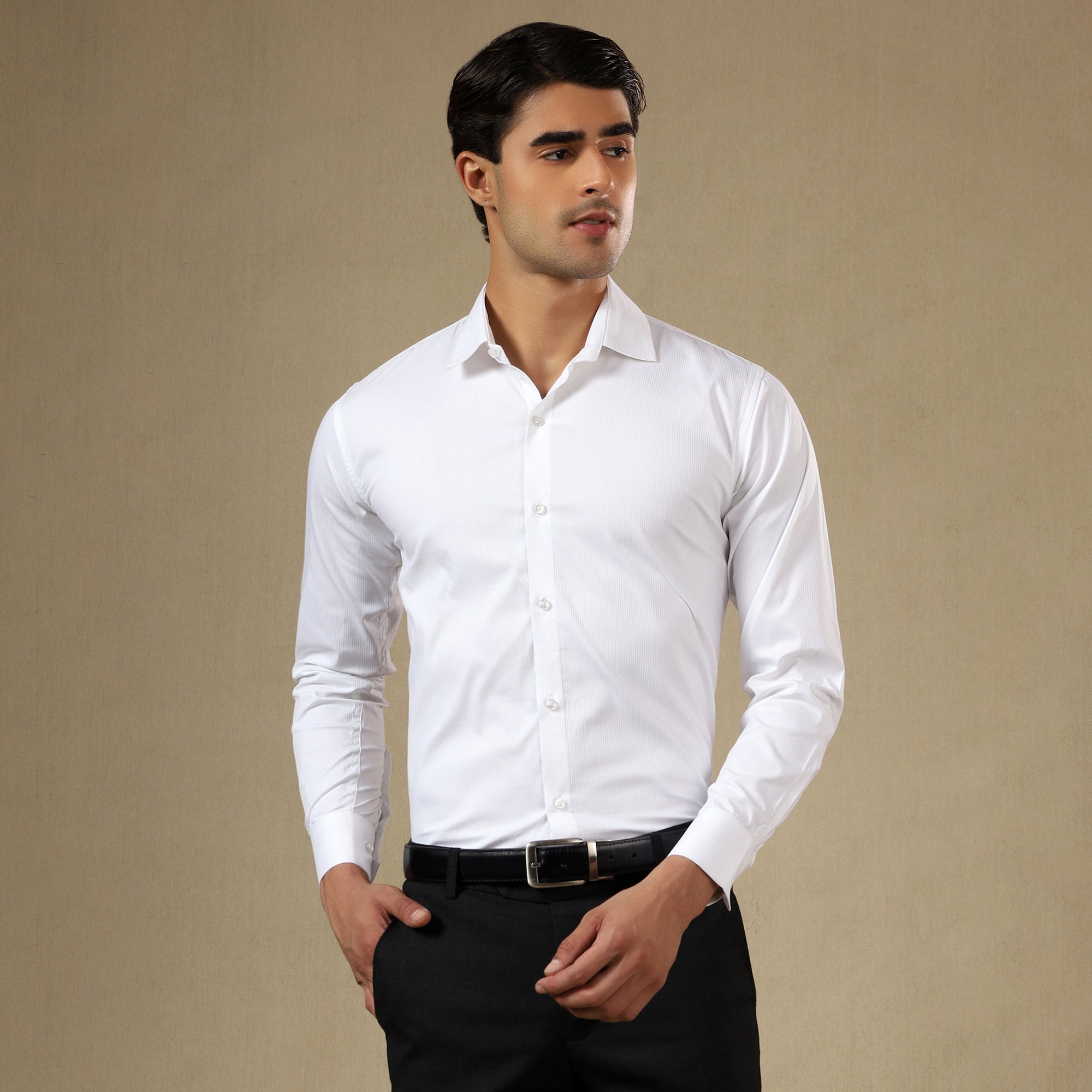 Men’s Classic Self-Striped Regular Fit Shirt- White