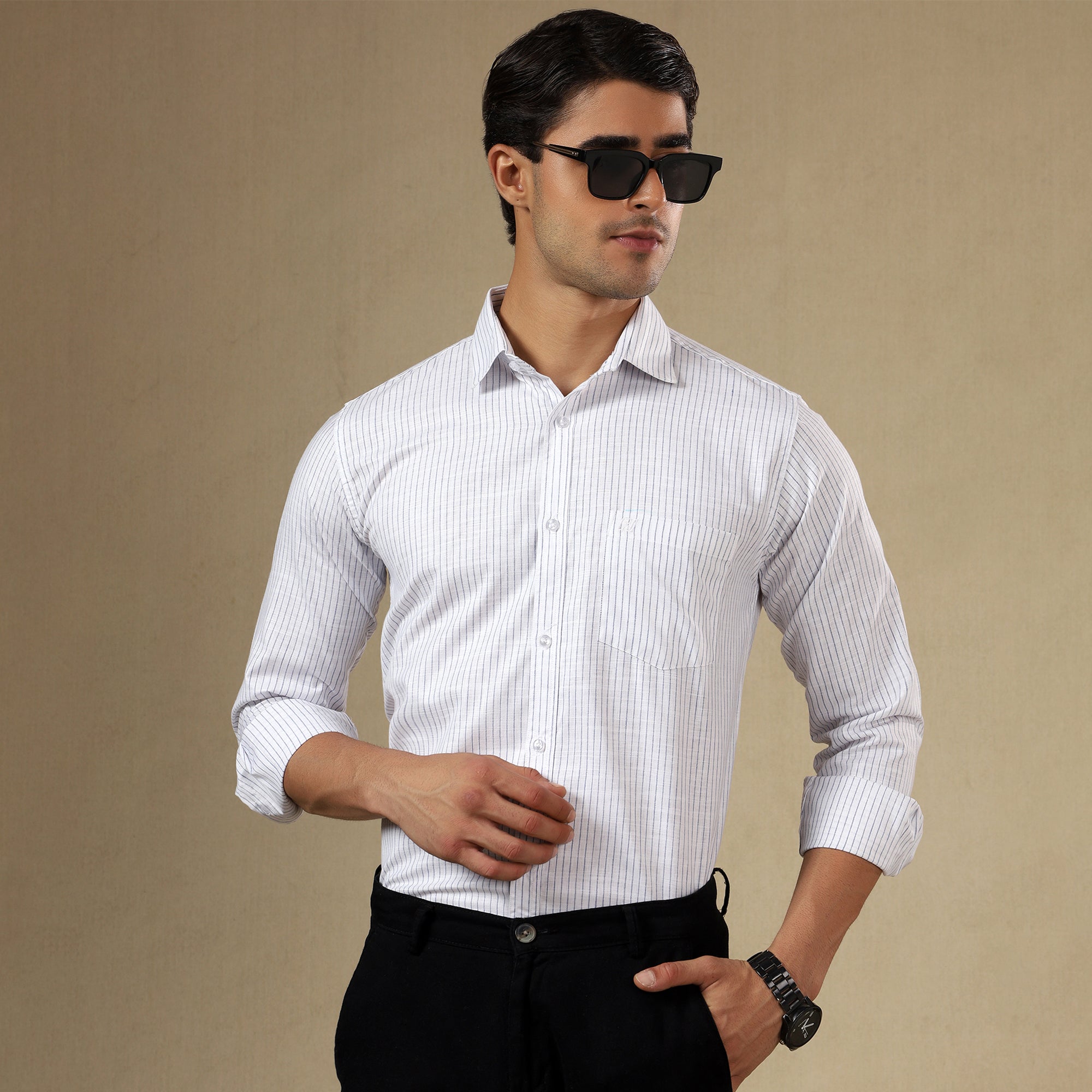 Men's Striped Linen Regular Fit Single Pocket Shirt- White