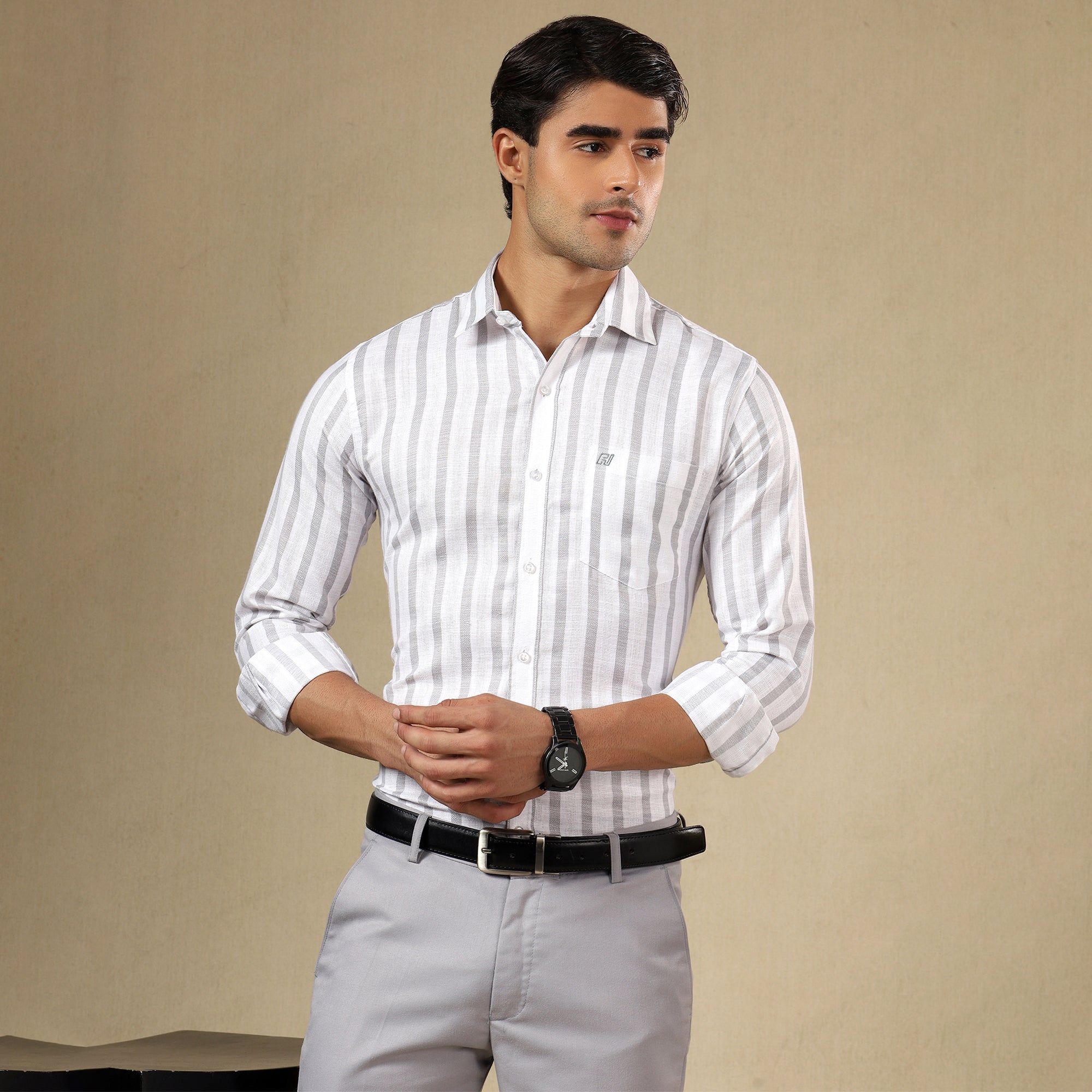 Men's Striped Linen Regular Fit Single Pocket Shirt- Grey