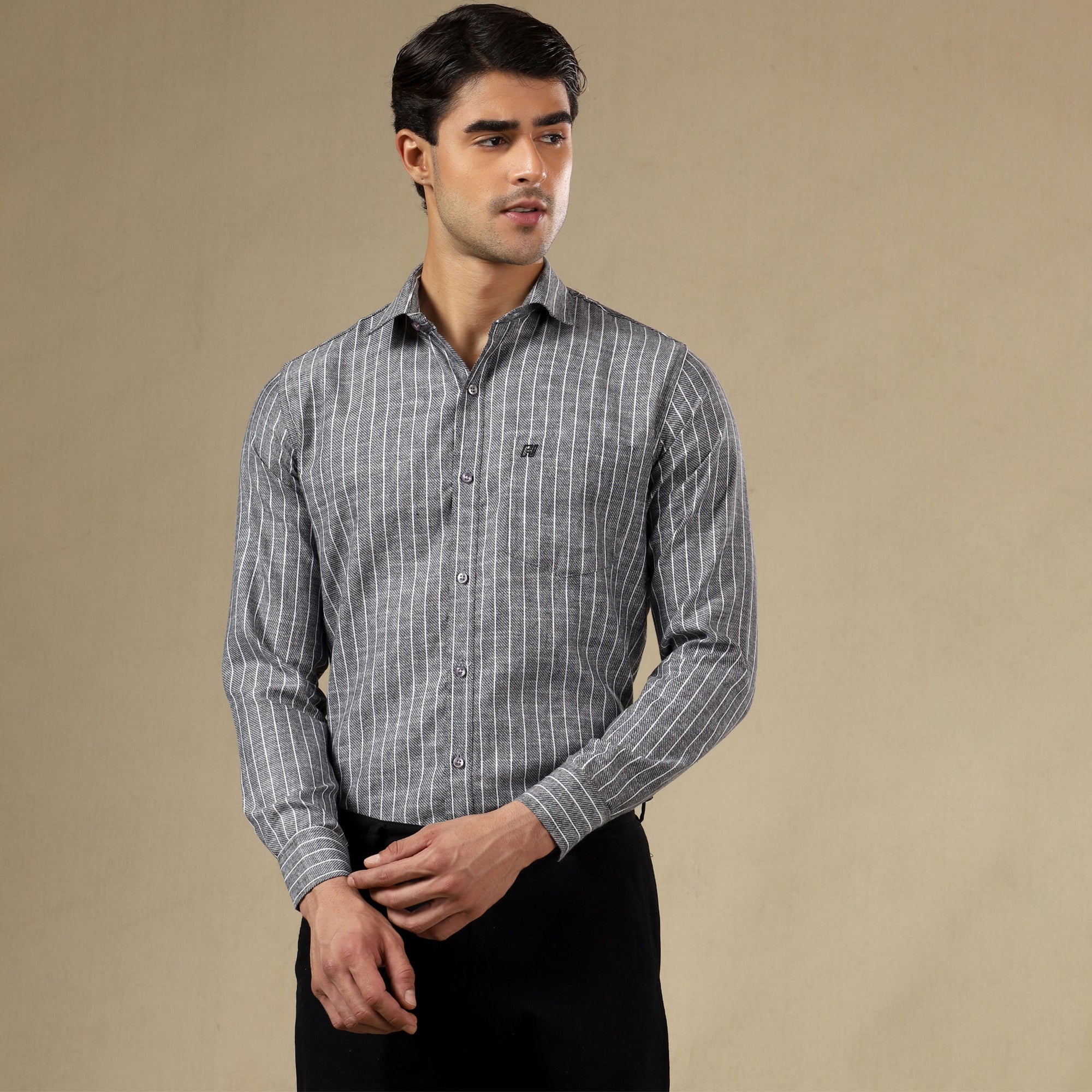 Men's Striped Linen Regular Fit Single Pocket Shirt- Grey
