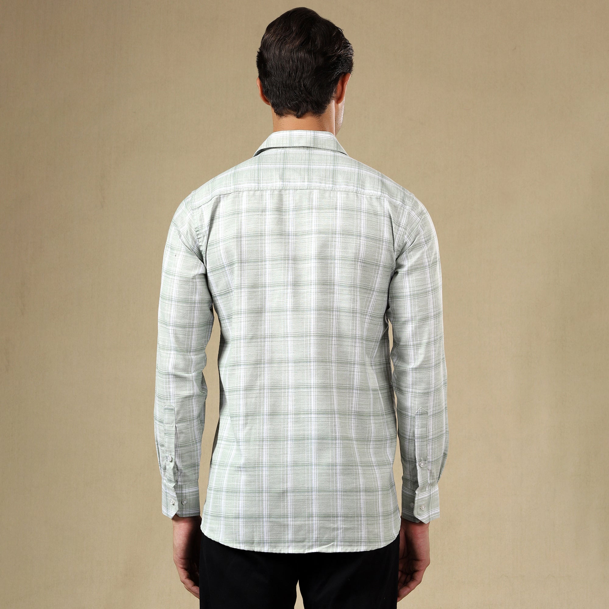 Men's Check Linen Regular Fit Single Pocket Shirt- Green