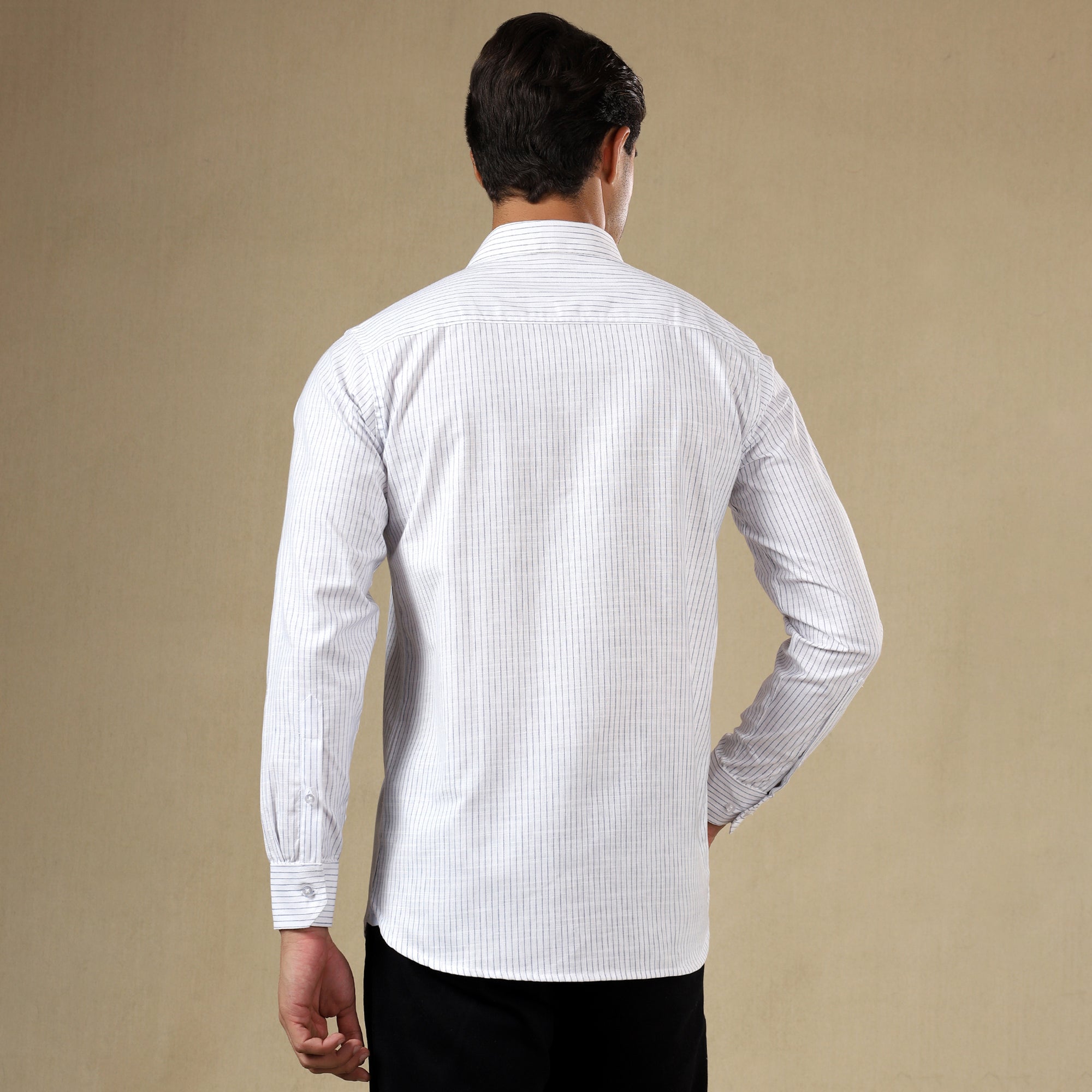 Men's Striped Linen Regular Fit Single Pocket Shirt- White