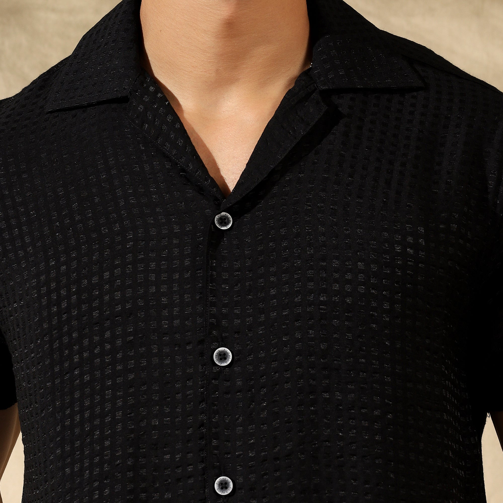 Men's Imported Textured Cuban Collar Casual Half Shirt Black