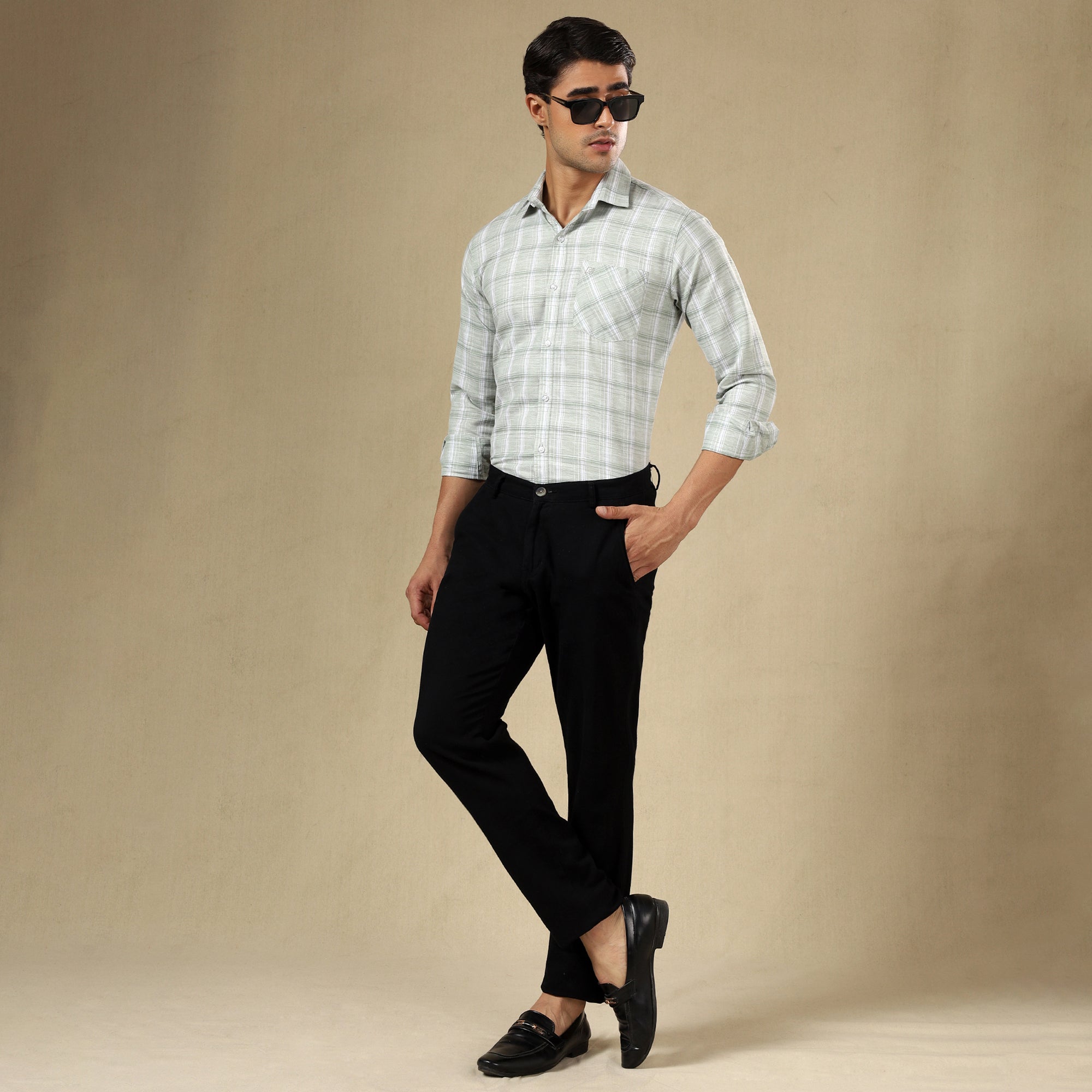 Men's Check Linen Regular Fit Single Pocket Shirt- Green