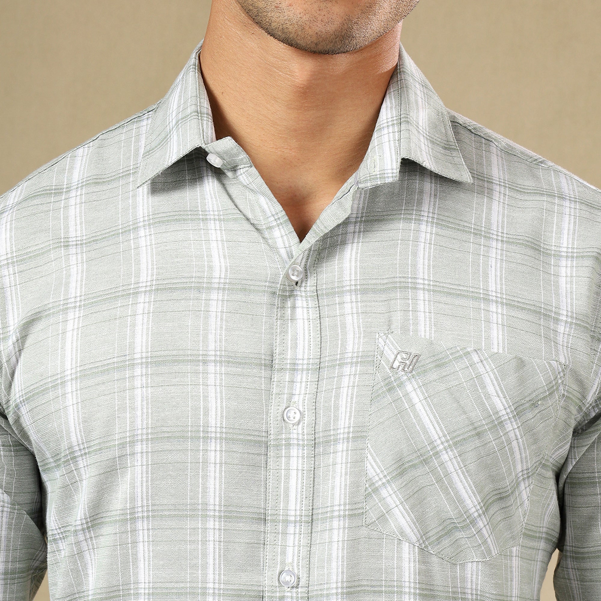 Men's Check Linen Regular Fit Single Pocket Shirt- Green