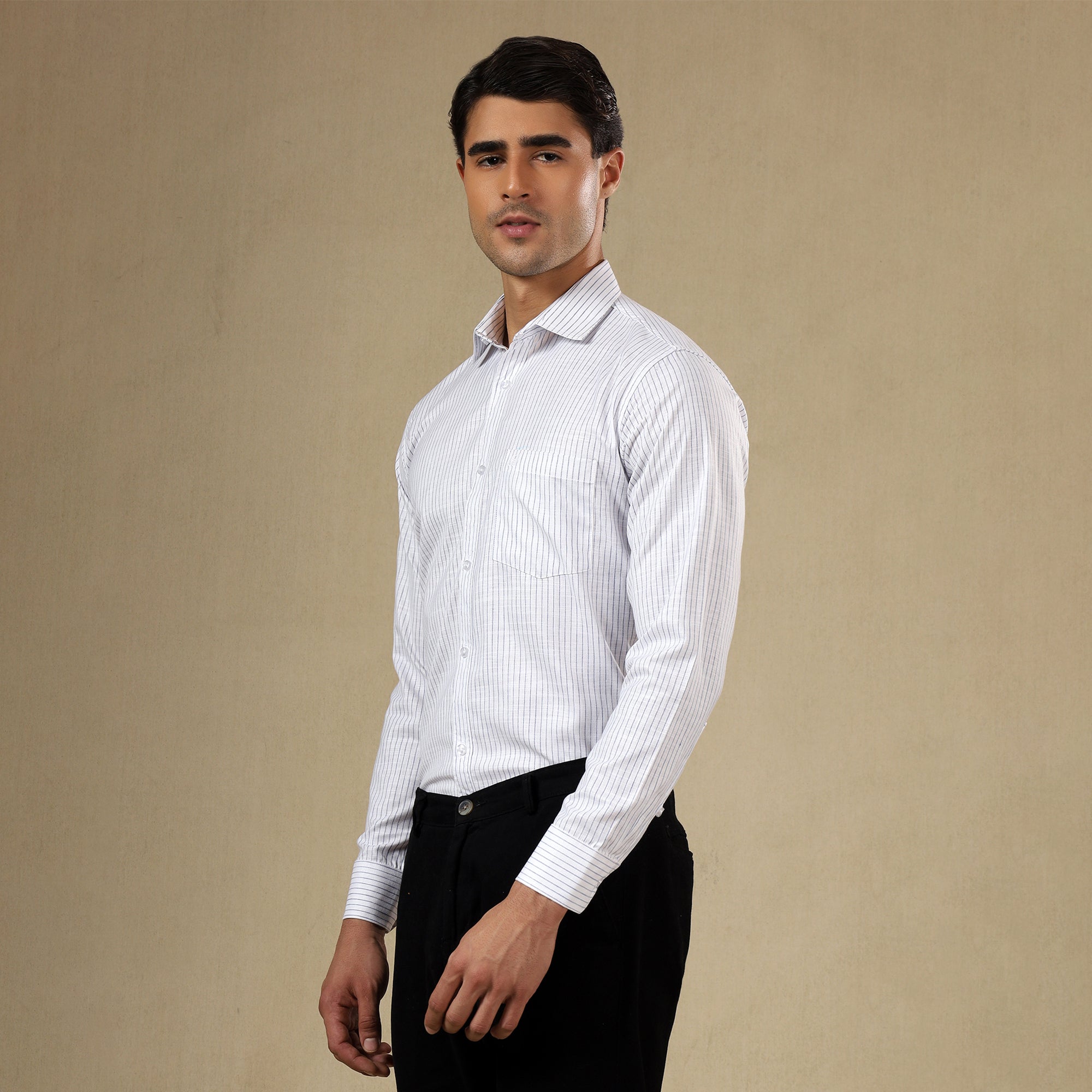 Men's Striped Linen Regular Fit Single Pocket Shirt- White