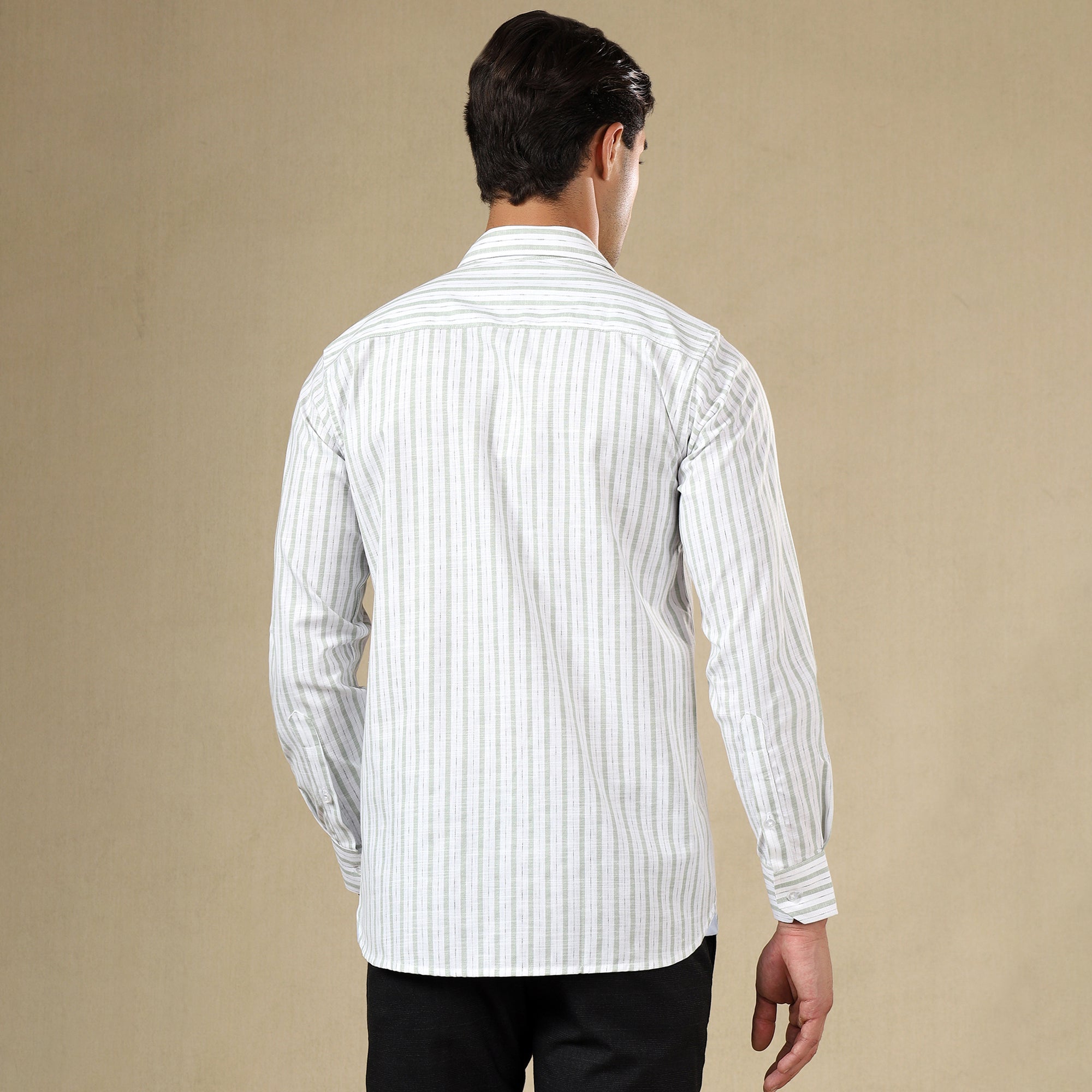 Men's Striped Linen Regular Fit Single Pocket Shirt- Green