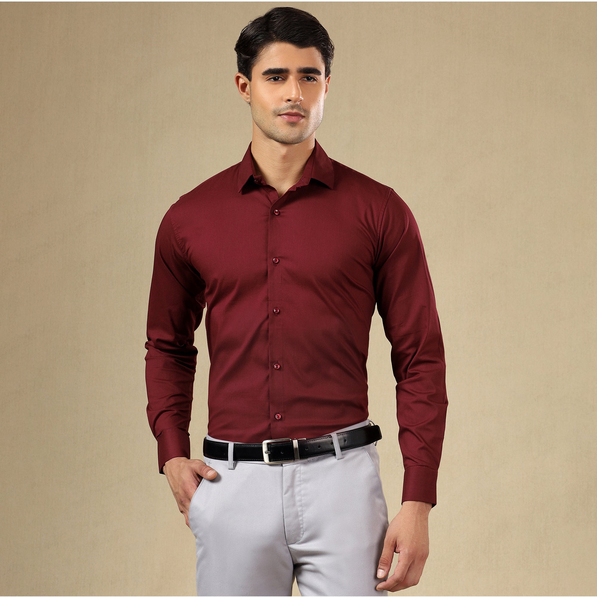 Men’s Classic Self-Striped Regular Fit Shirt- Maroon