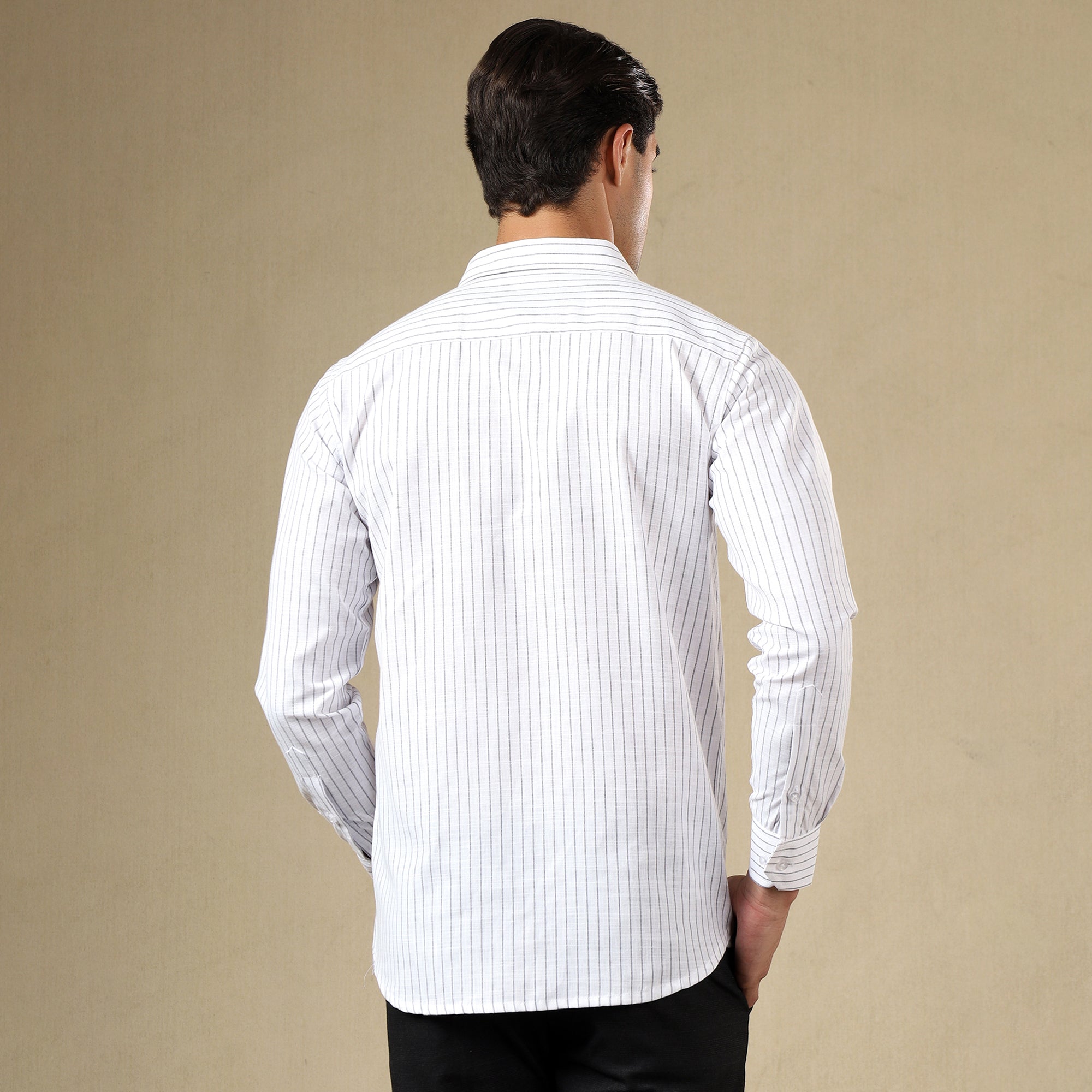 Men's Striped Linen Regular Fit Single Pocket Shirt- White