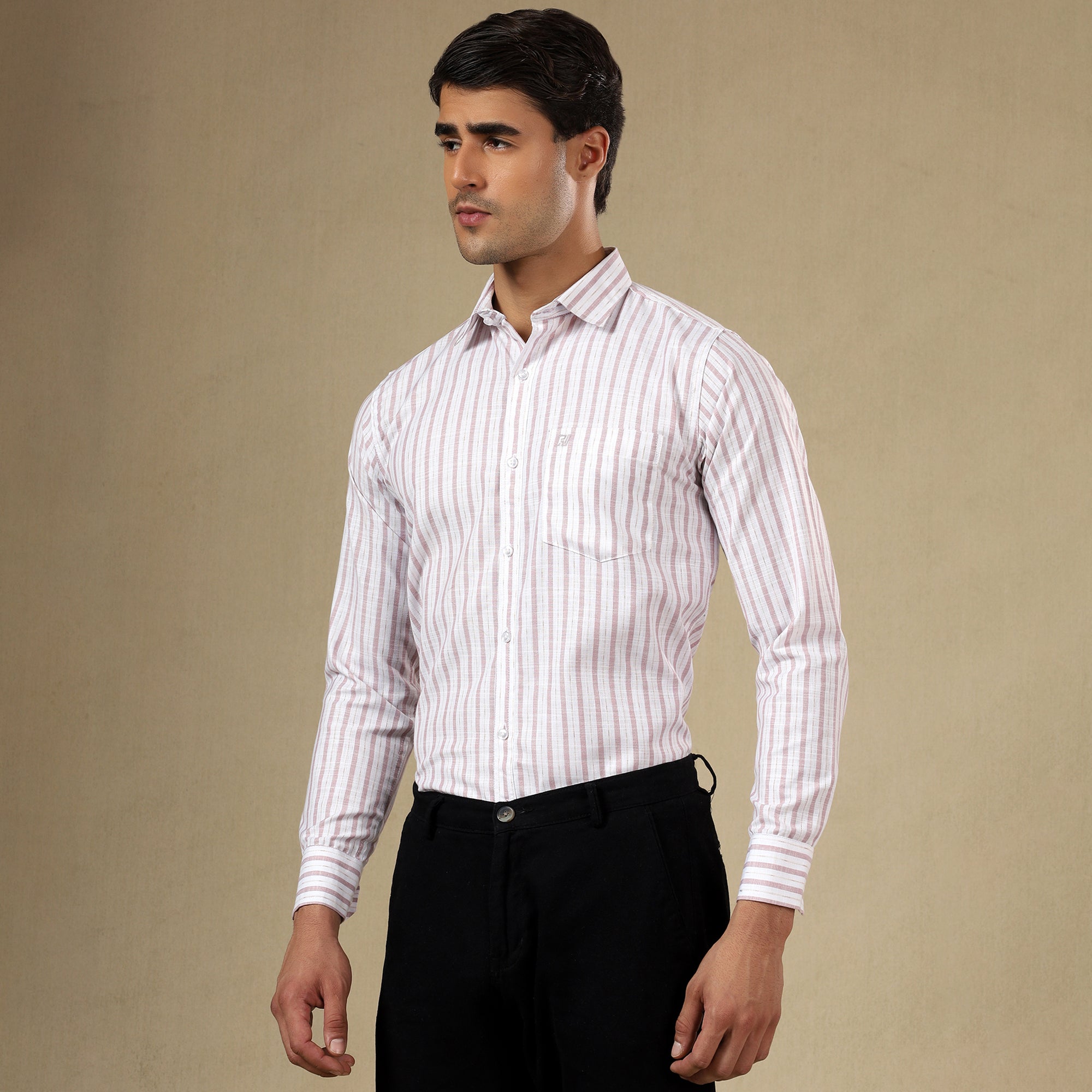 Men's Striped Linen Regular Fit Single Pocket Shirt- Pink