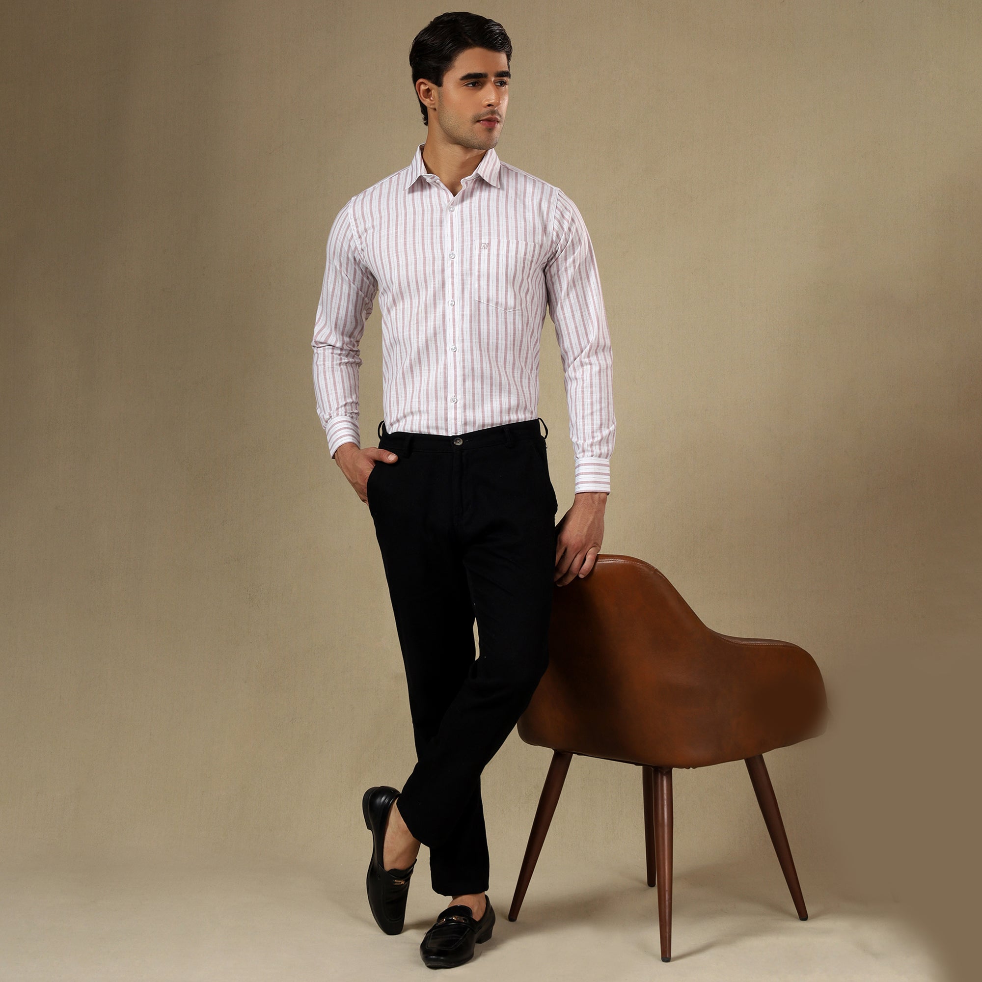 Men's Striped Linen Regular Fit Single Pocket Shirt- Pink