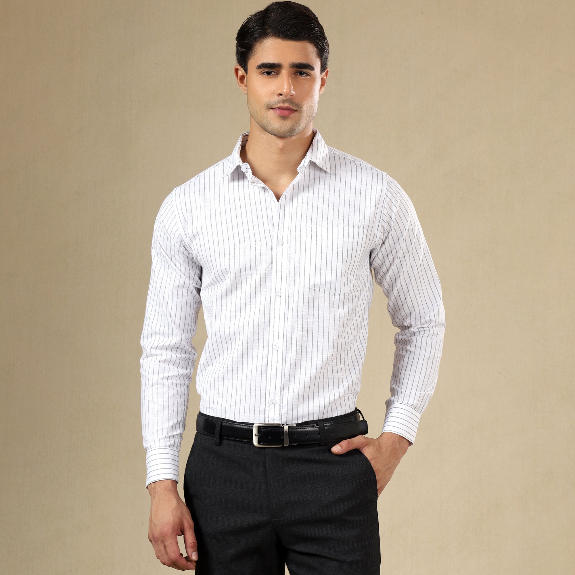 Men's Striped Linen Regular Fit Single Pocket Shirt- White