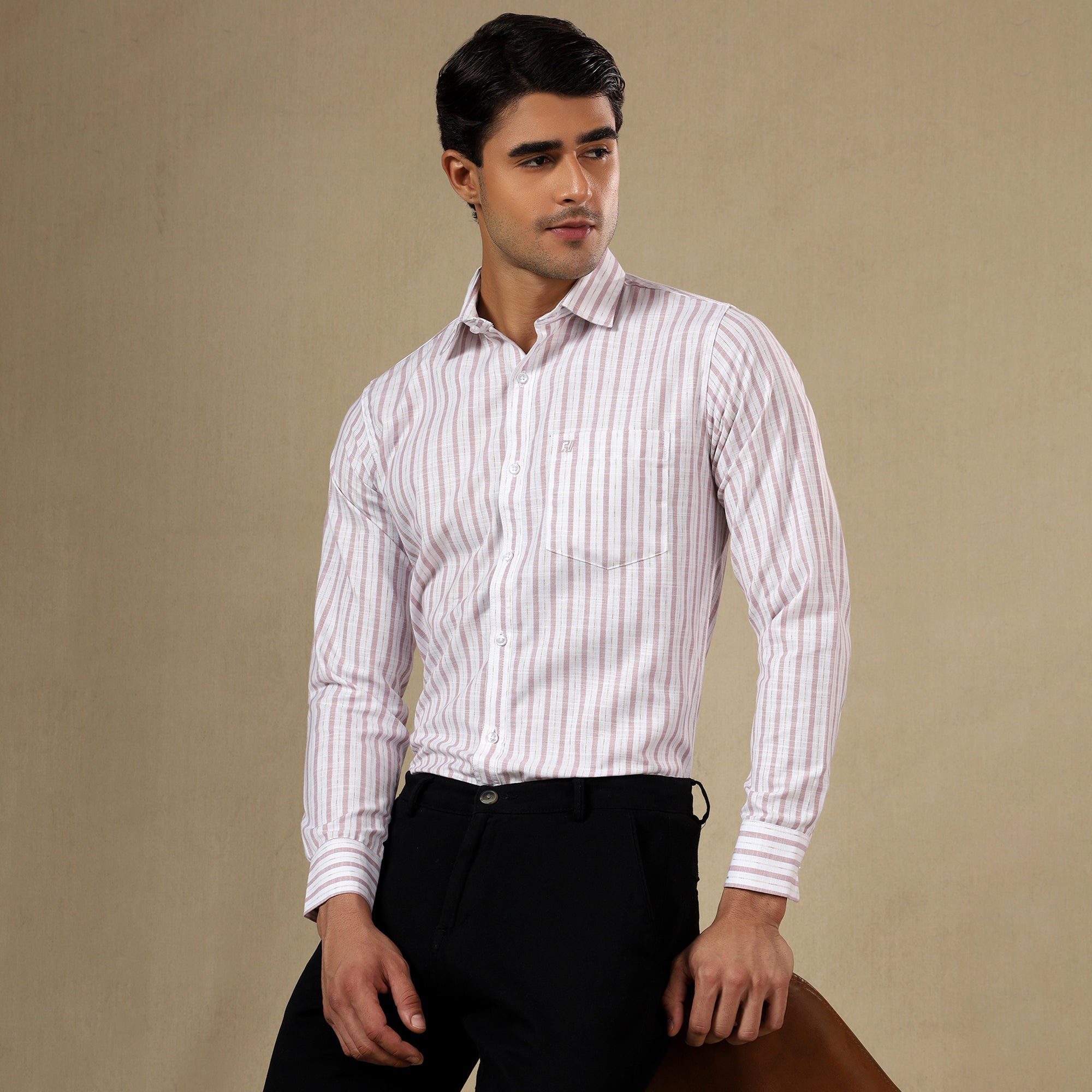 Men's Striped Linen Regular Fit Single Pocket Shirt- Pink