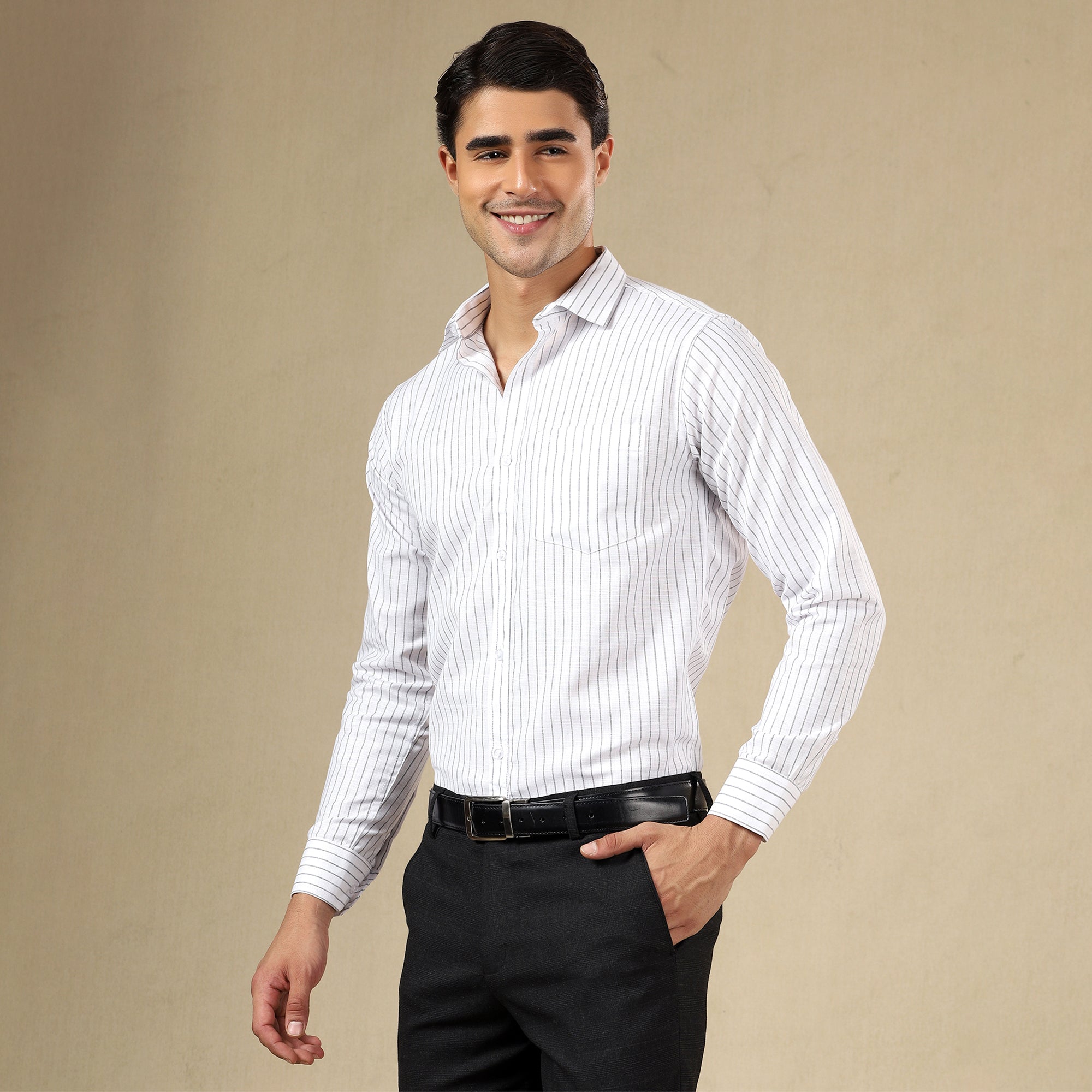 Men's Striped Linen Regular Fit Single Pocket Shirt- White