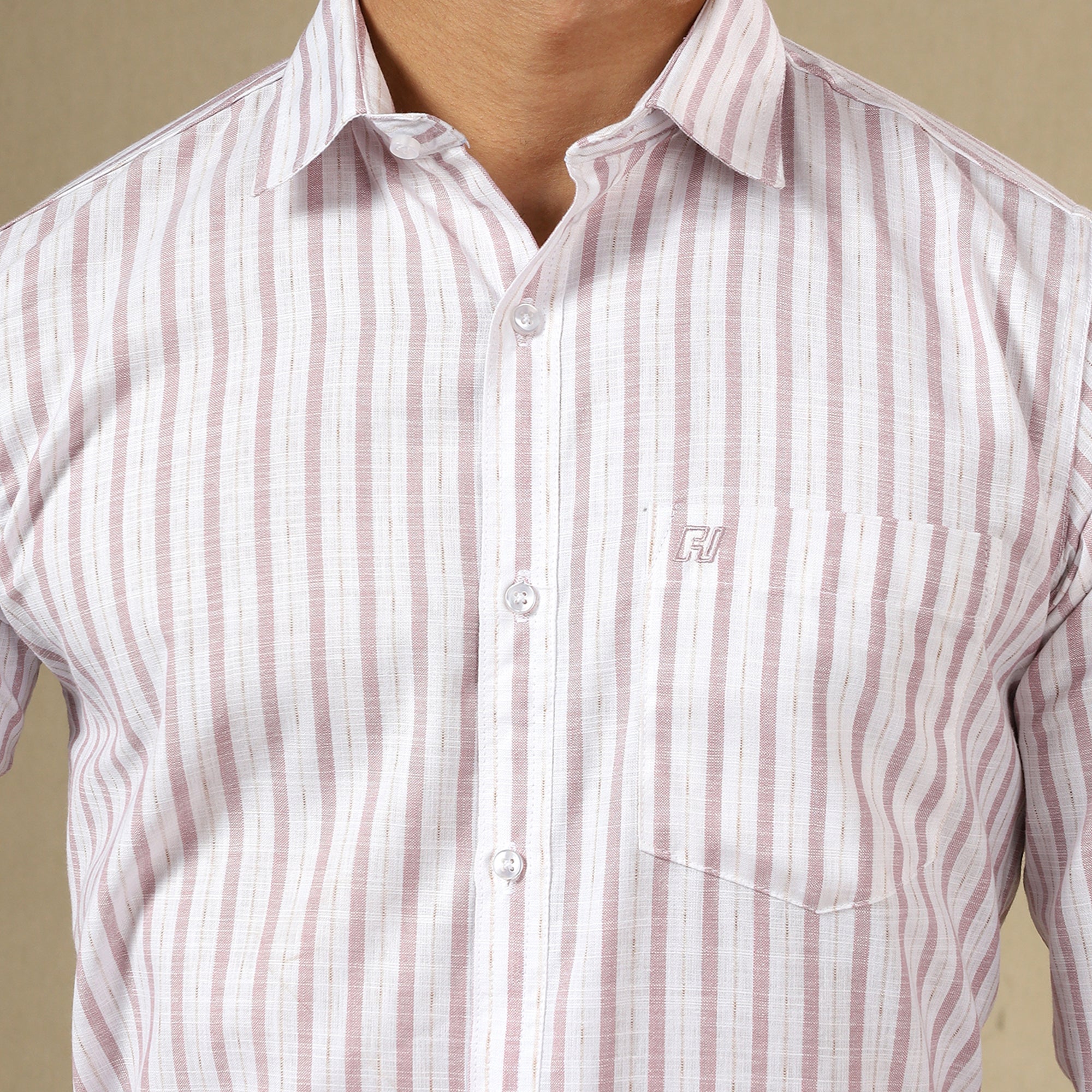 Men's Striped Linen Regular Fit Single Pocket Shirt- Pink