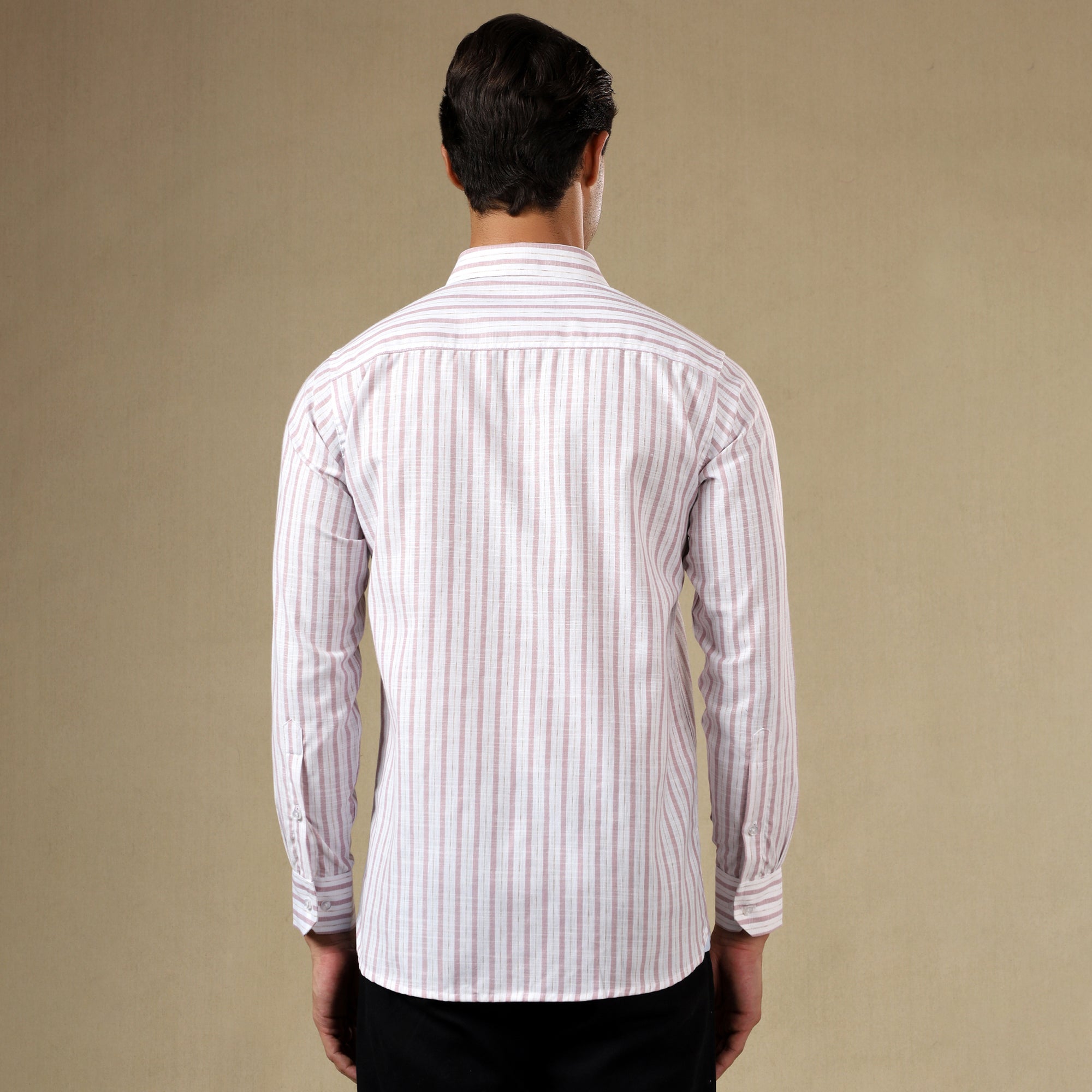 Men's Striped Linen Regular Fit Single Pocket Shirt- Pink