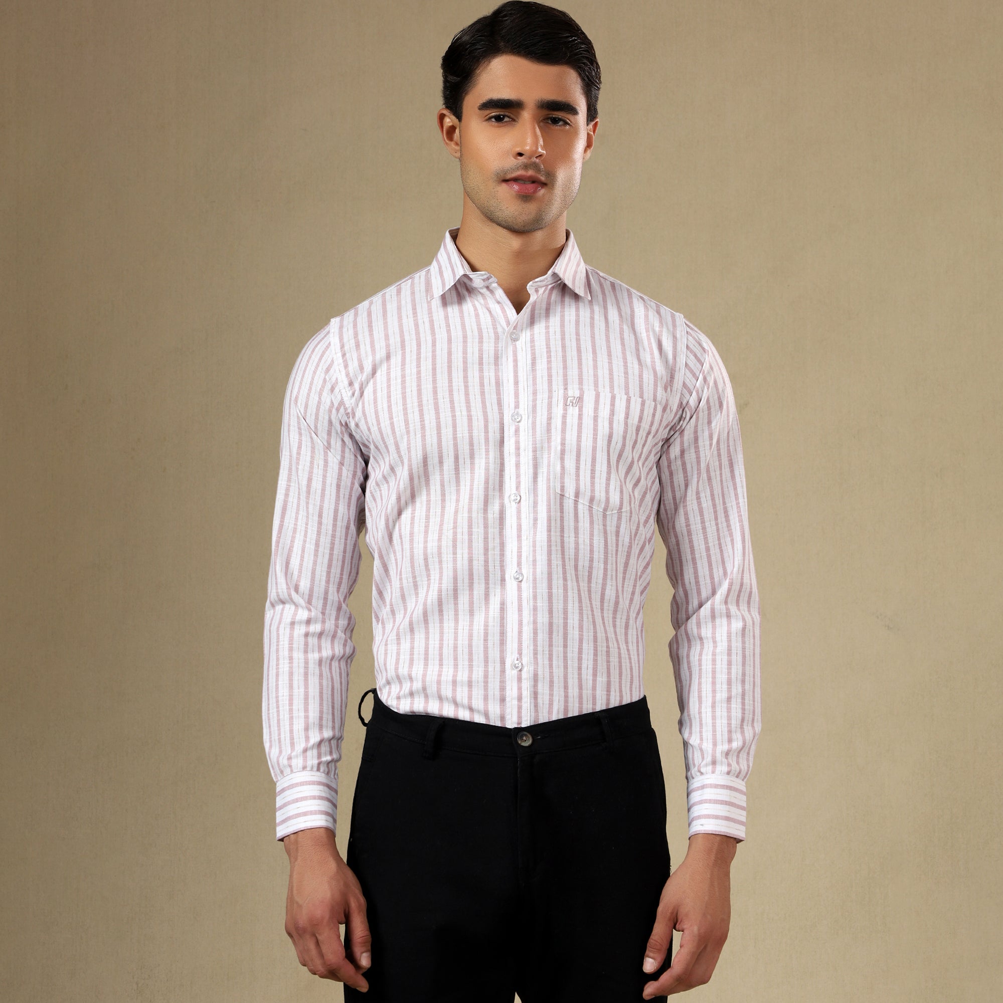 Men's Striped Linen Regular Fit Single Pocket Shirt- Pink