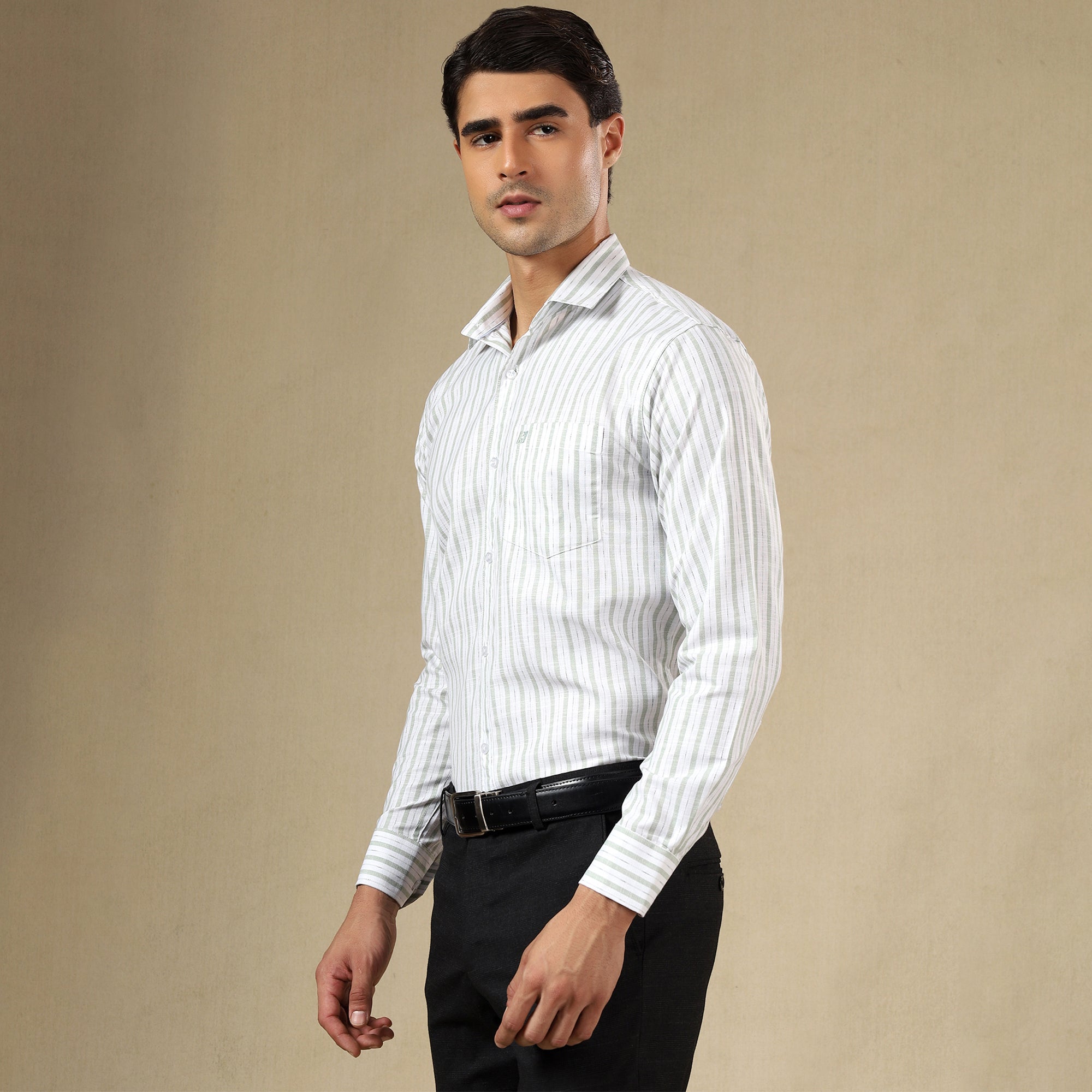 Men's Striped Linen Regular Fit Single Pocket Shirt- Green