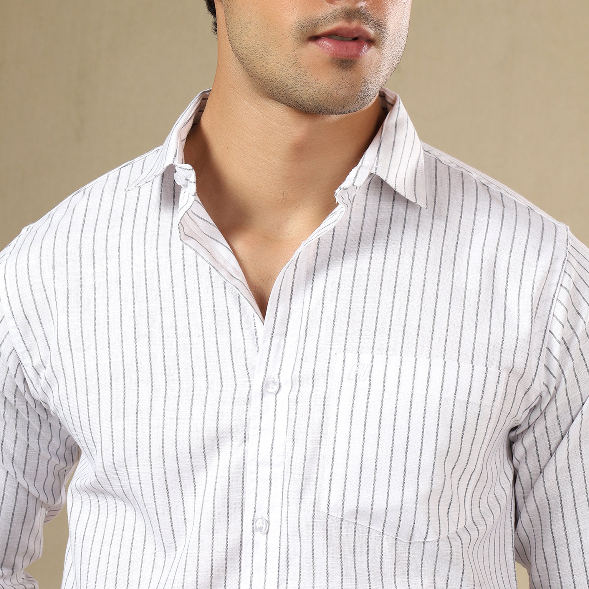 Men's Striped Linen Regular Fit Single Pocket Shirt- White