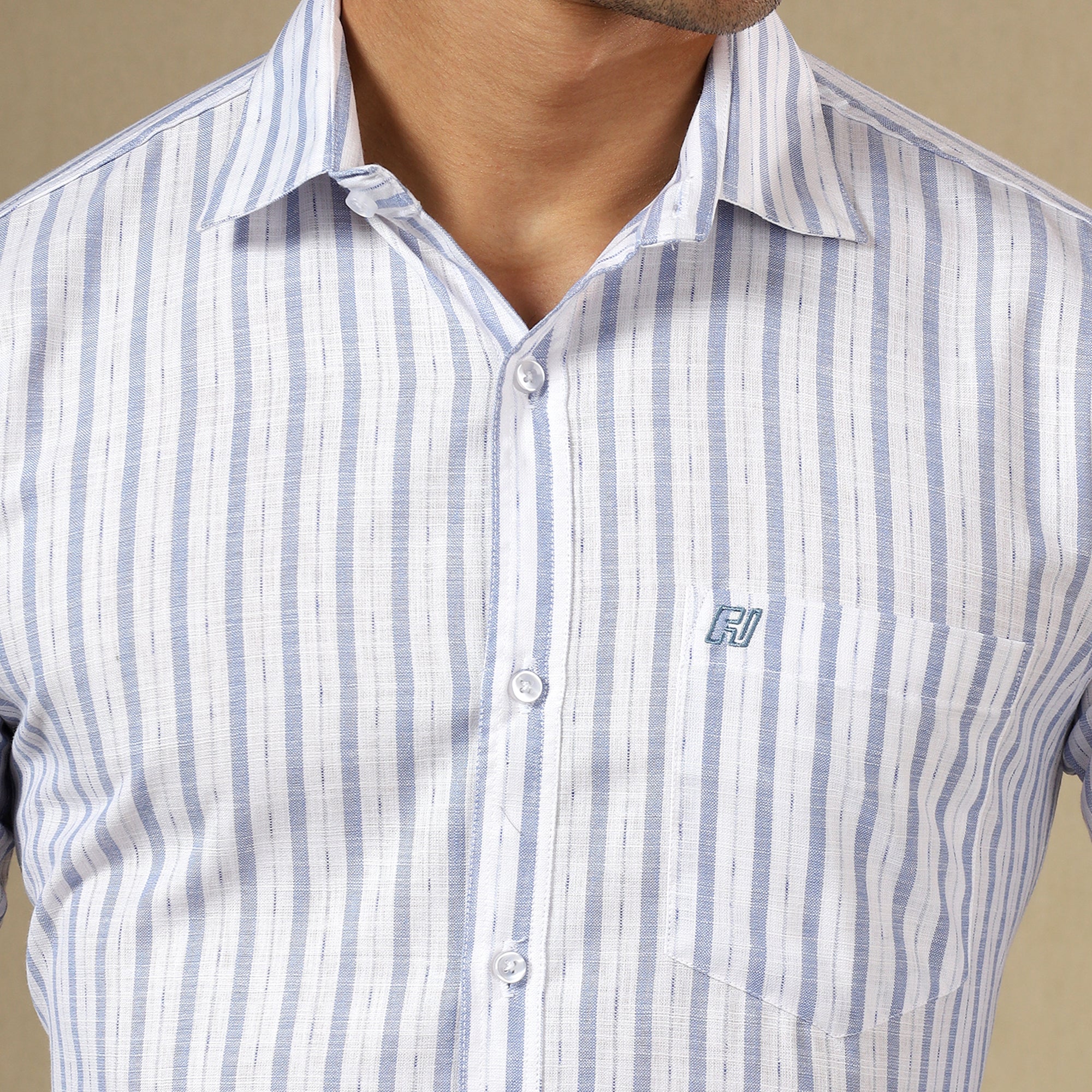 Men's Striped Linen Regular Fit Single Pocket Shirt- Sky Blue