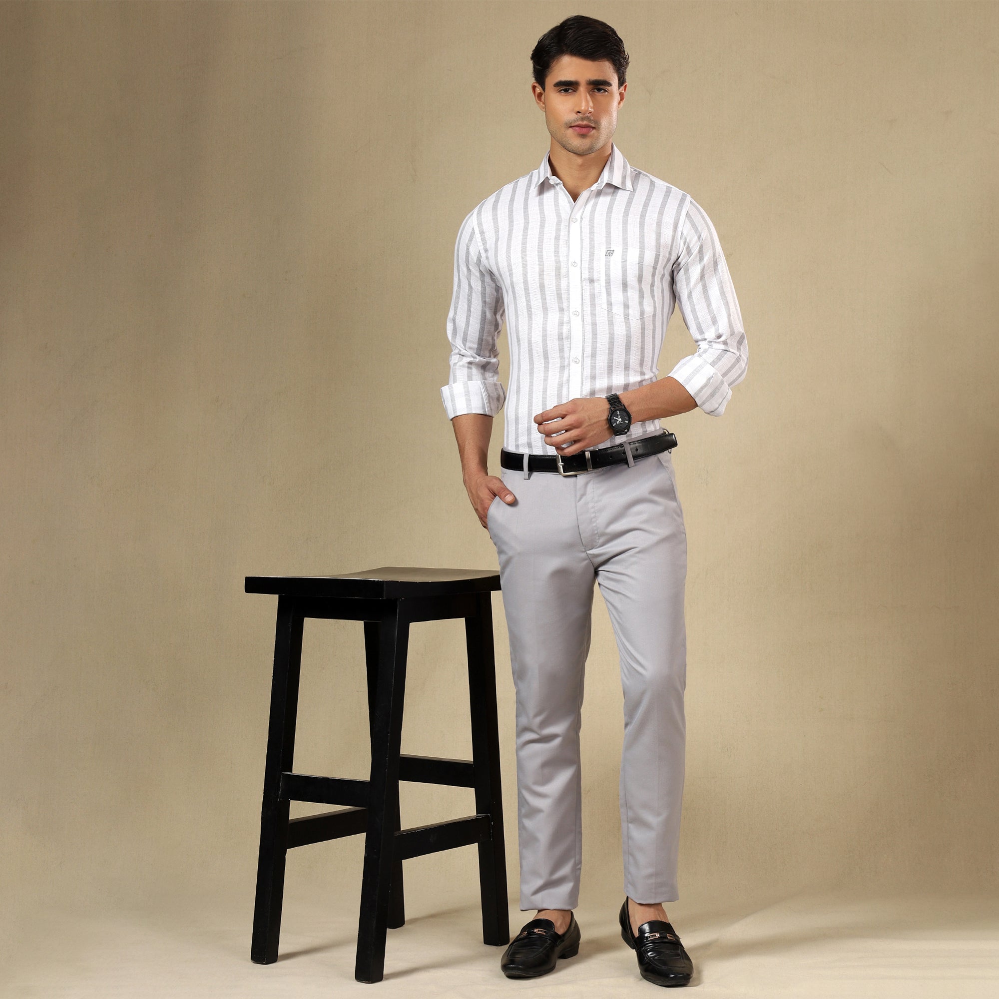 Men's Striped Linen Regular Fit Single Pocket Shirt- Grey