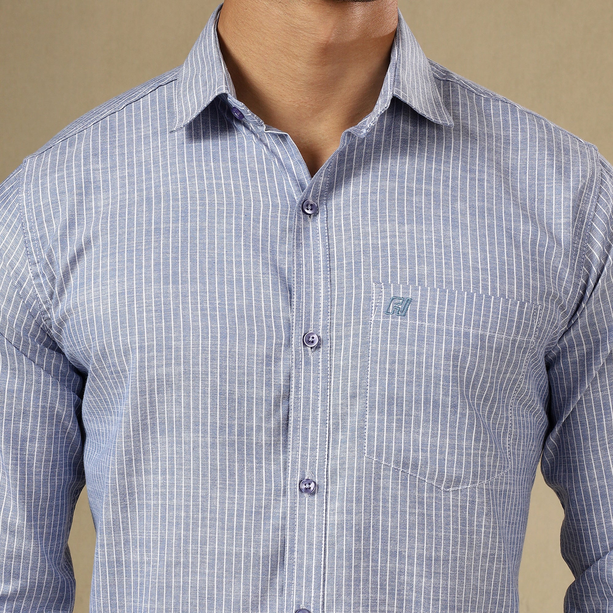 Men's Striped Linen Regular Fit Single Pocket Shirt- Blue