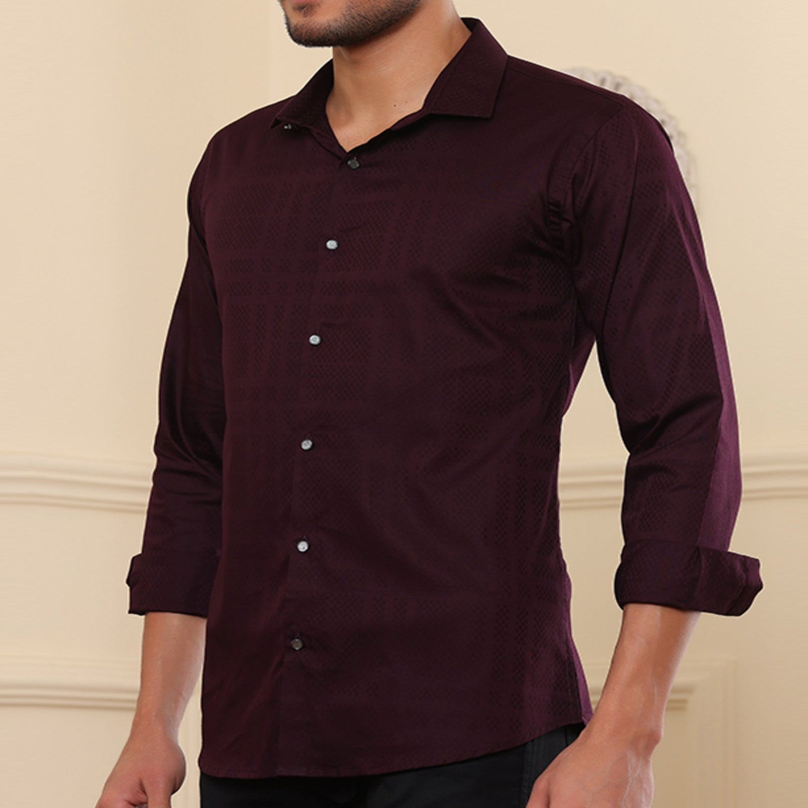 Plain Textured Wine Formal Shirt