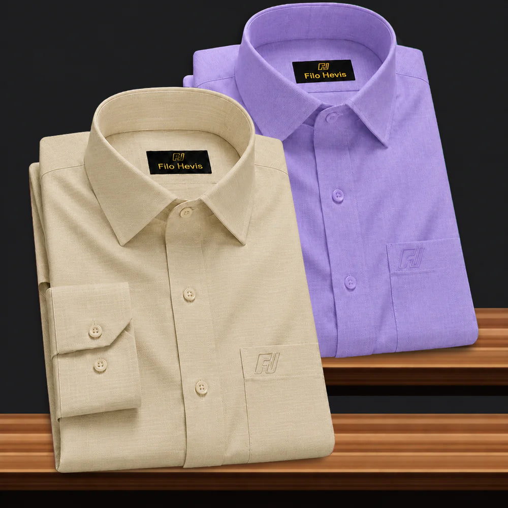 Combo of 2 Filafil Fabric Regular Fit Formal Shirts – Purple & Cream (Single Pocket)