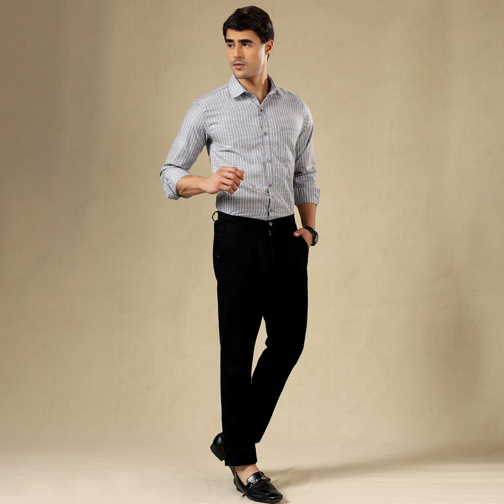 Men's Striped Linen Regular Fit Single Pocket Shirt- GREY