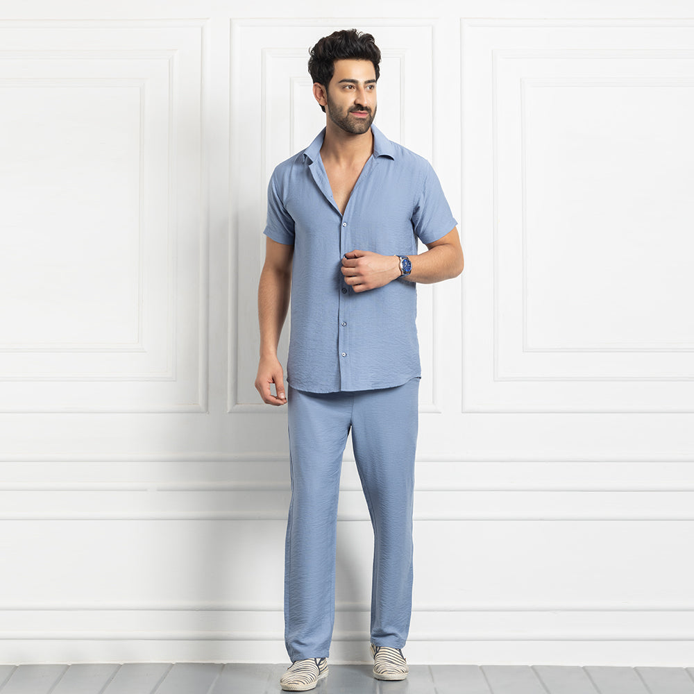Men's Linen Shirt Co-ords Set- Sky