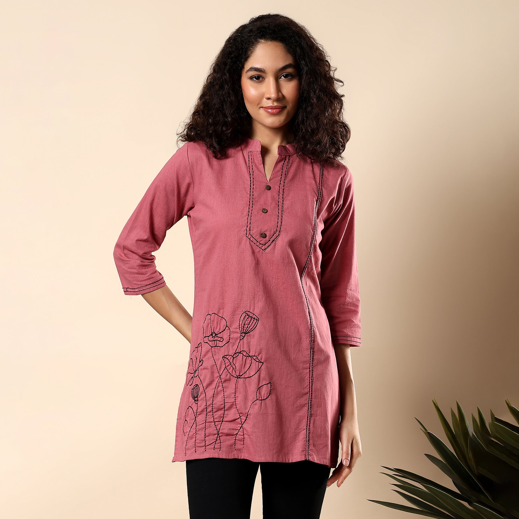 Floral Embroidered Pure Cotton Pink Short Kurti/Tunic