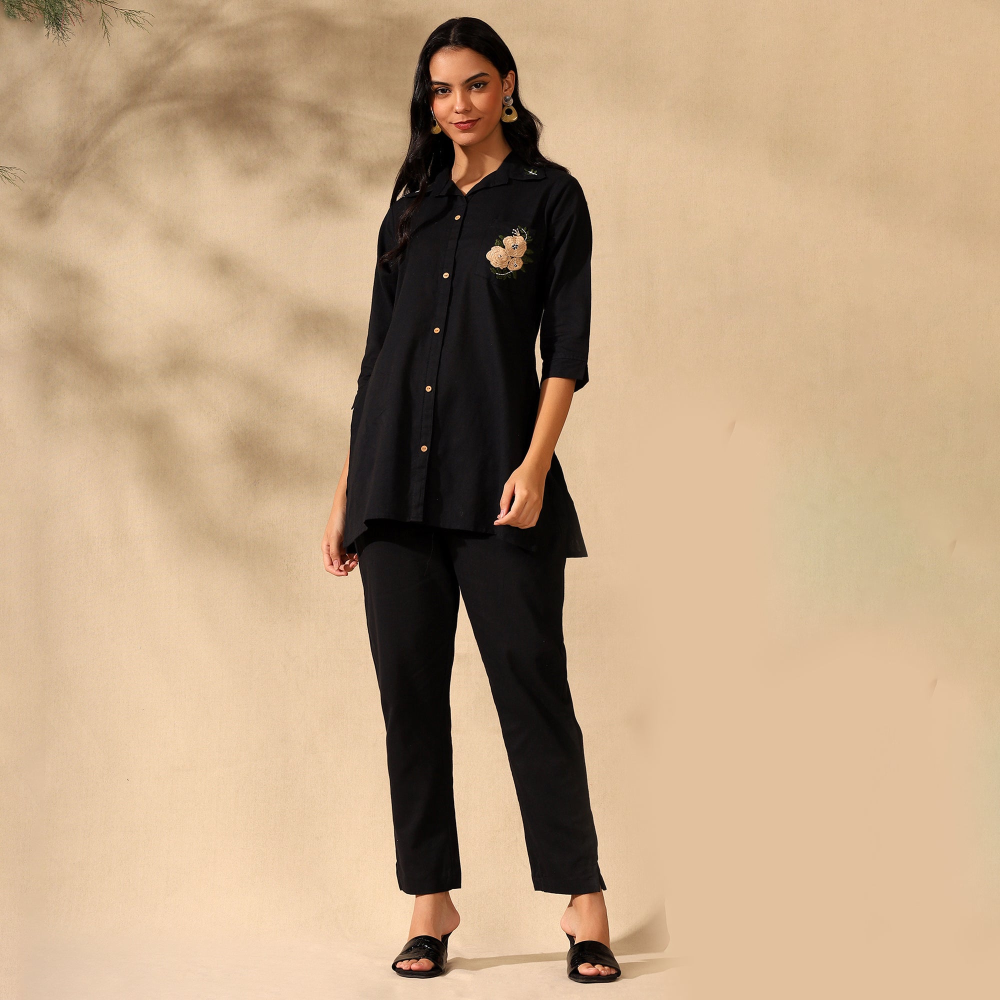 Floral Embroidered Pure Cotton Shirt With Trousers Black Co-ord Set