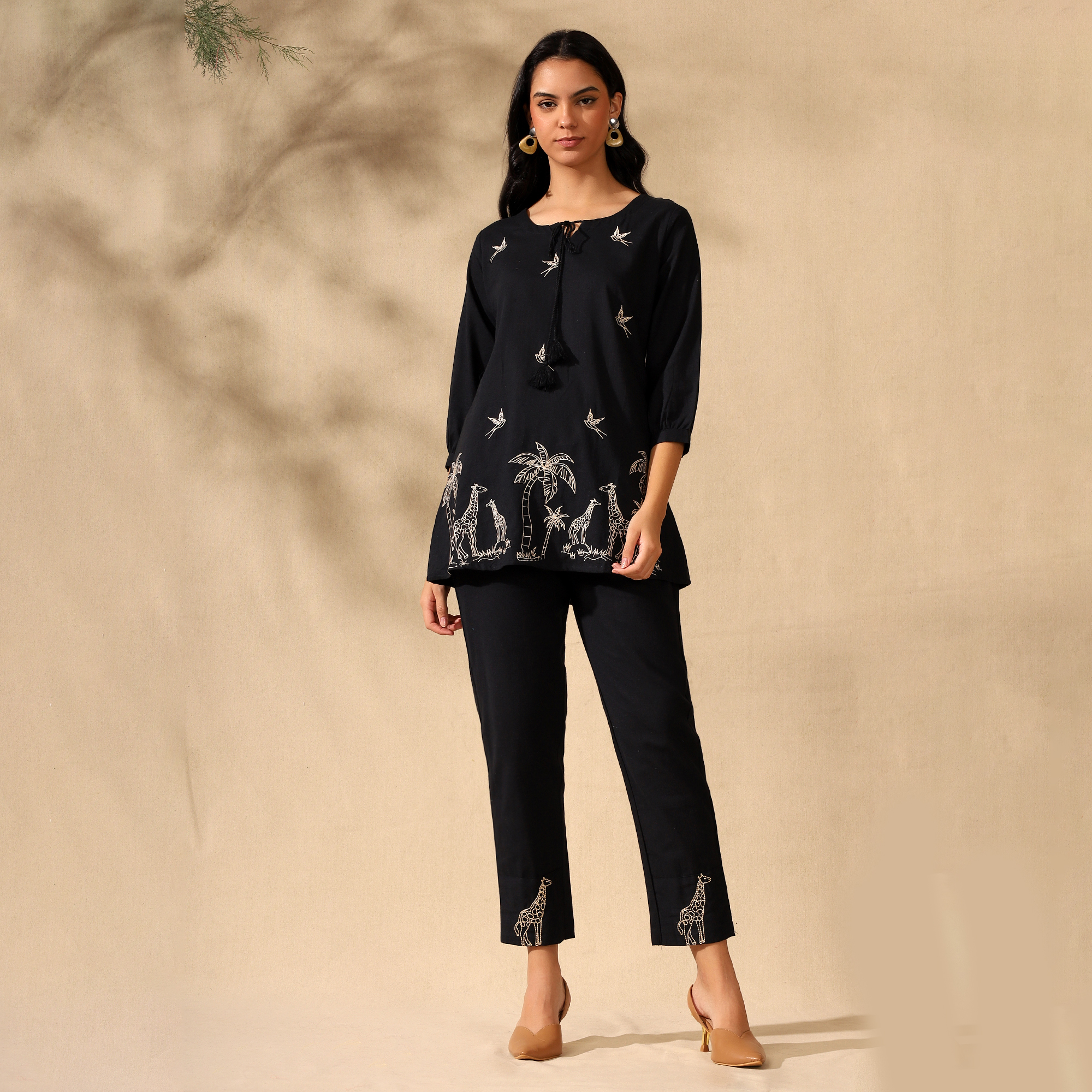 Embroidered Pure Cotton Tunic With Trousers Black Co-ord Set