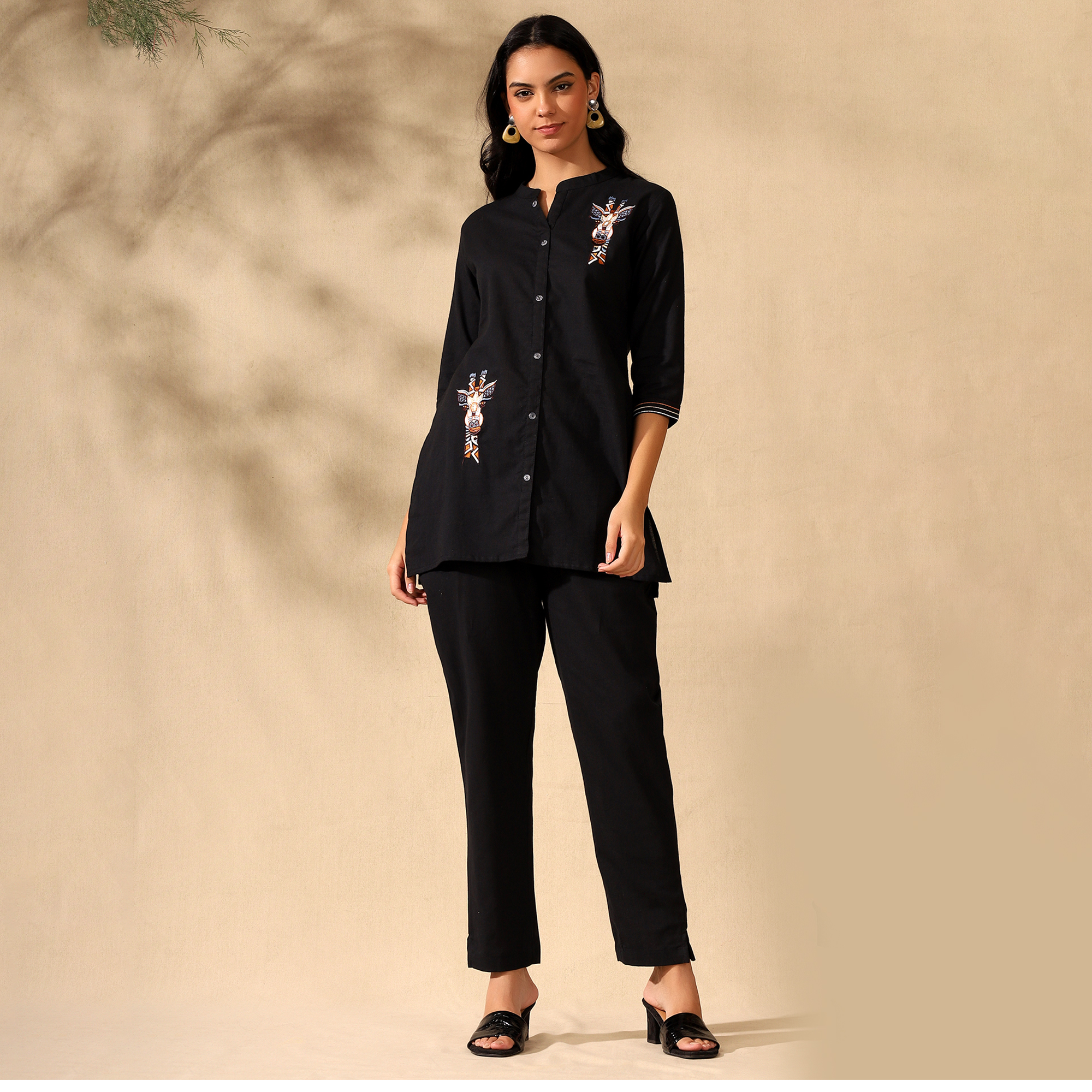 Embroidered Pure Cotton Shirt With Trousers Black Co-ord Set