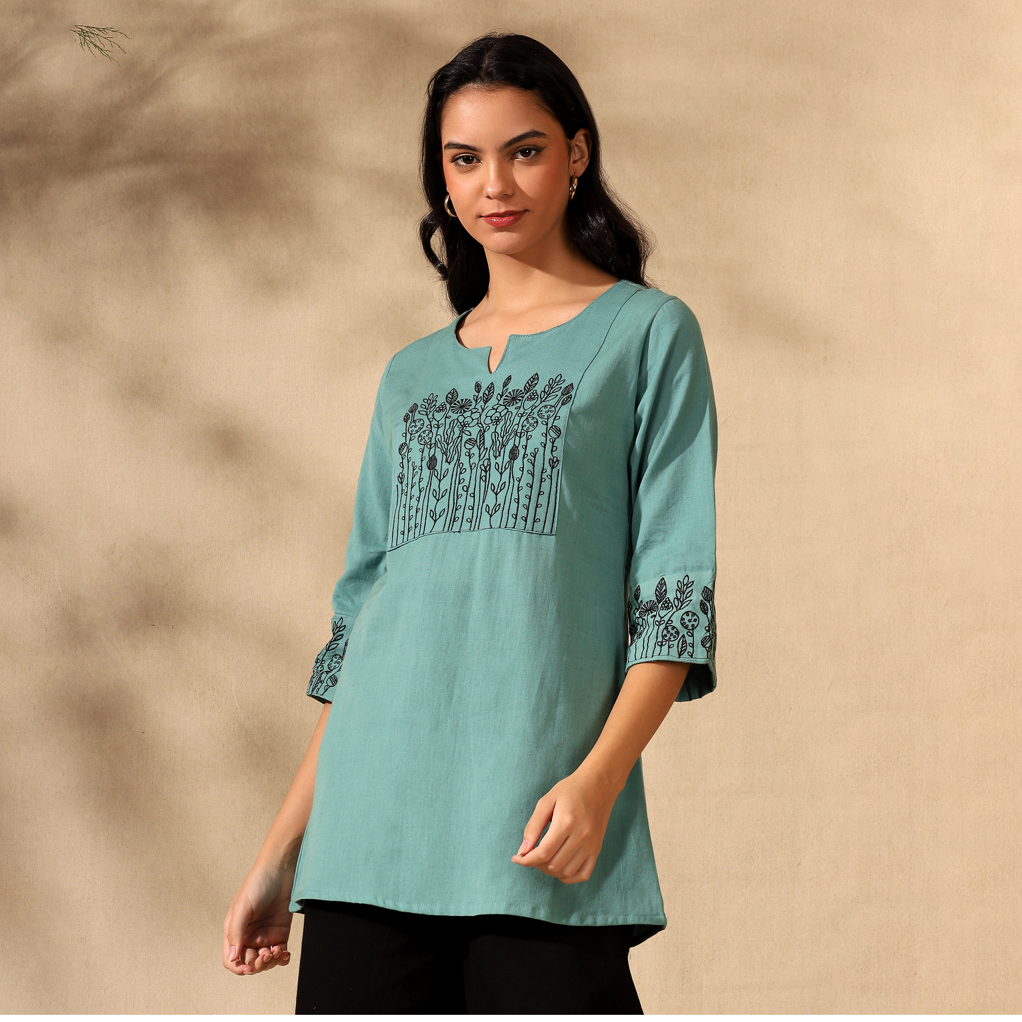 Botanical Embroidered Pure Cotton Green Short Kurti/Tunic