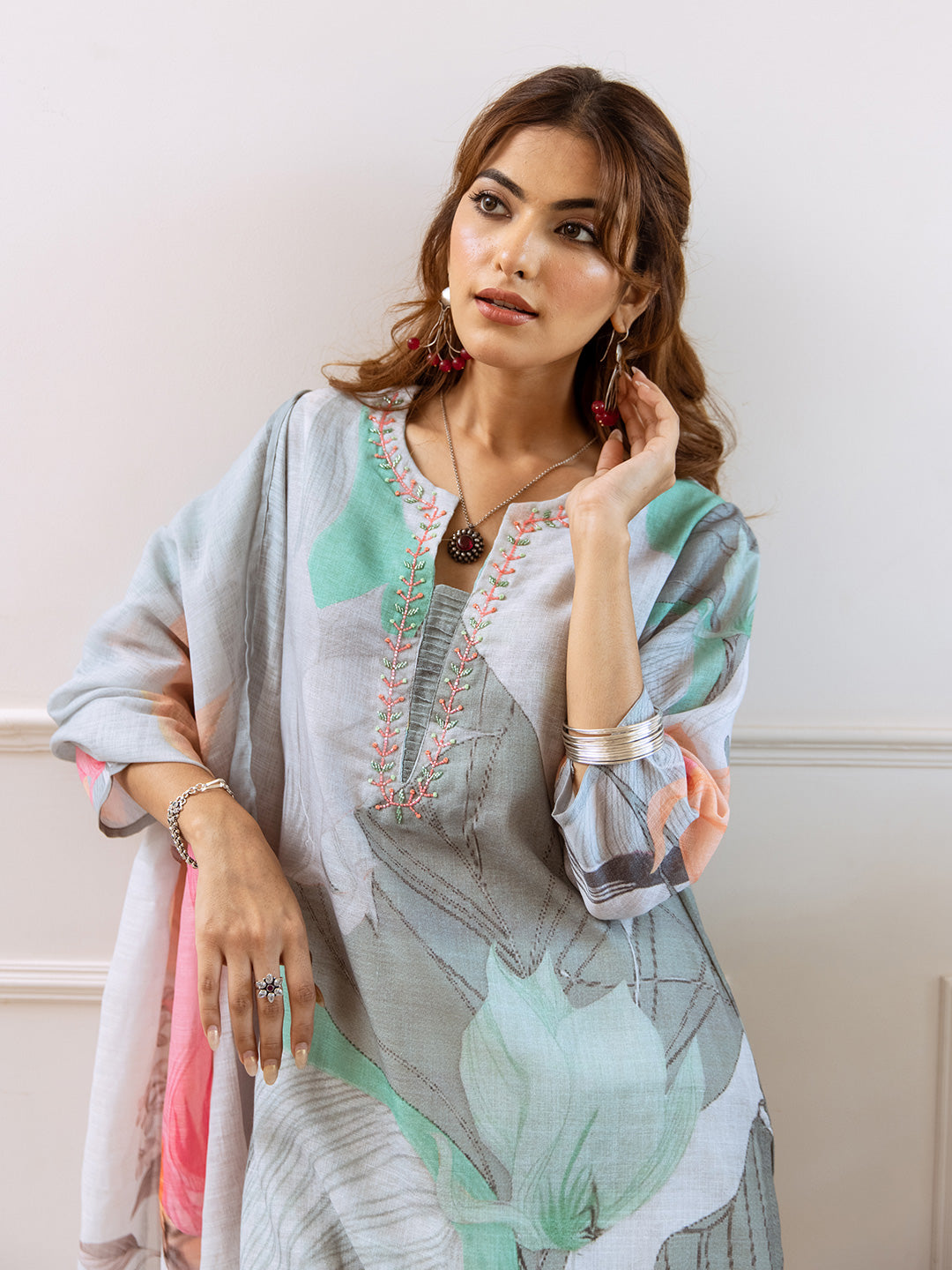 Floral Printed Notched Neck Linen Straight Kurta Set with Dupatta- Grey Green