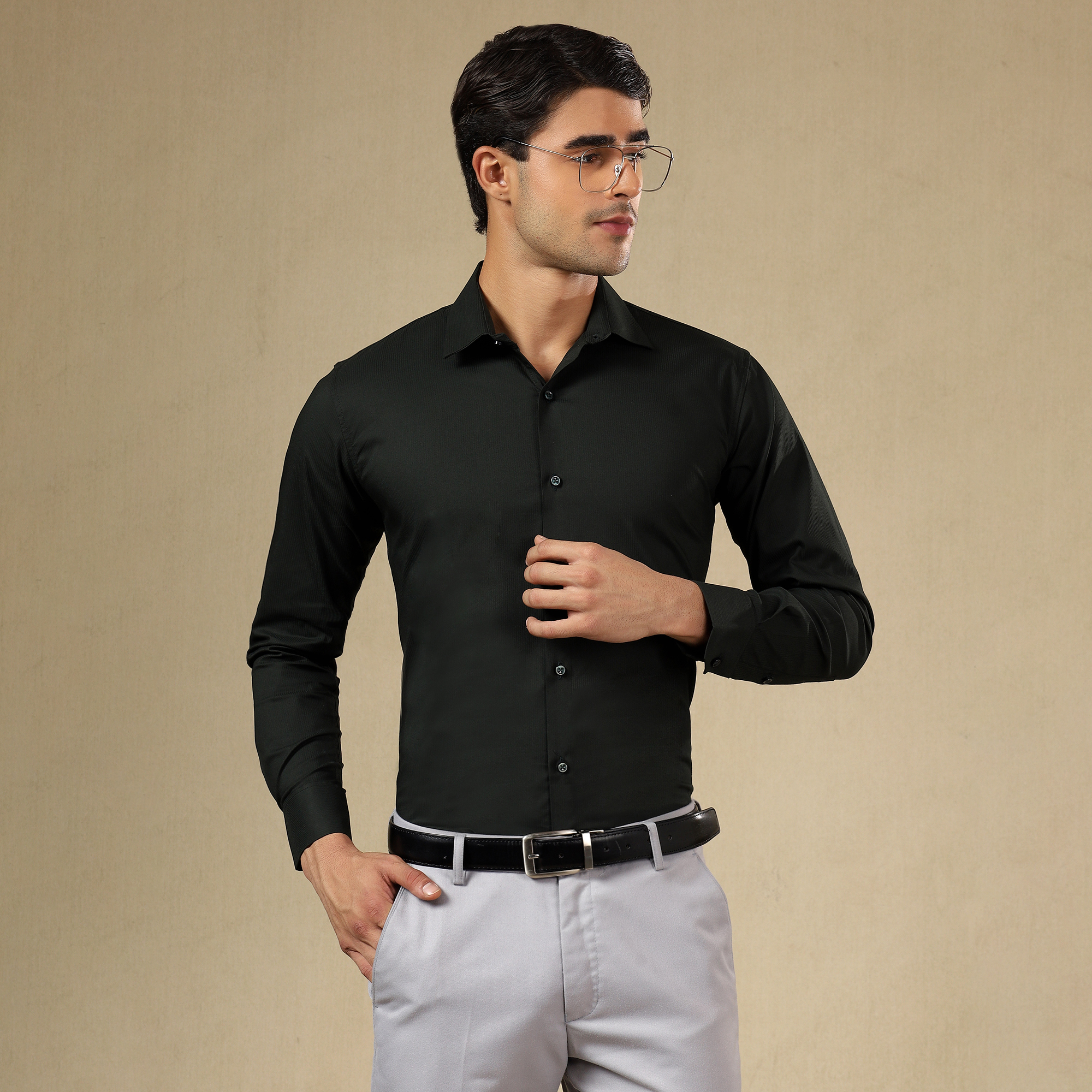 Premium SELF SHIRTS FOR MEN - Textured Formal Shirts Collection | Professional Office Wear | Modern Man’s Self-Striped Statement Shirt-DARK GREEN