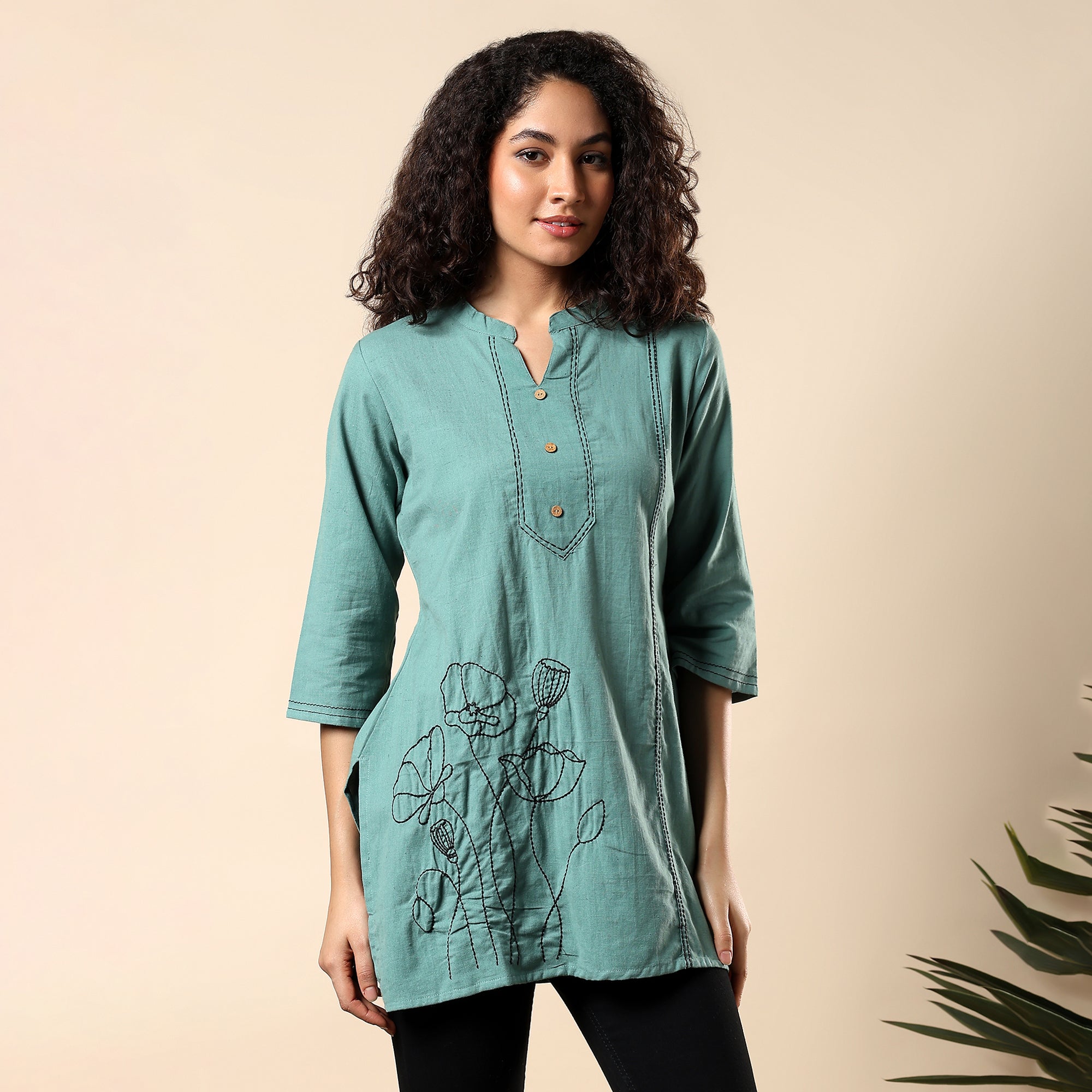 Floral Embroidered Pure Cotton Green Short Kurti/Tunic