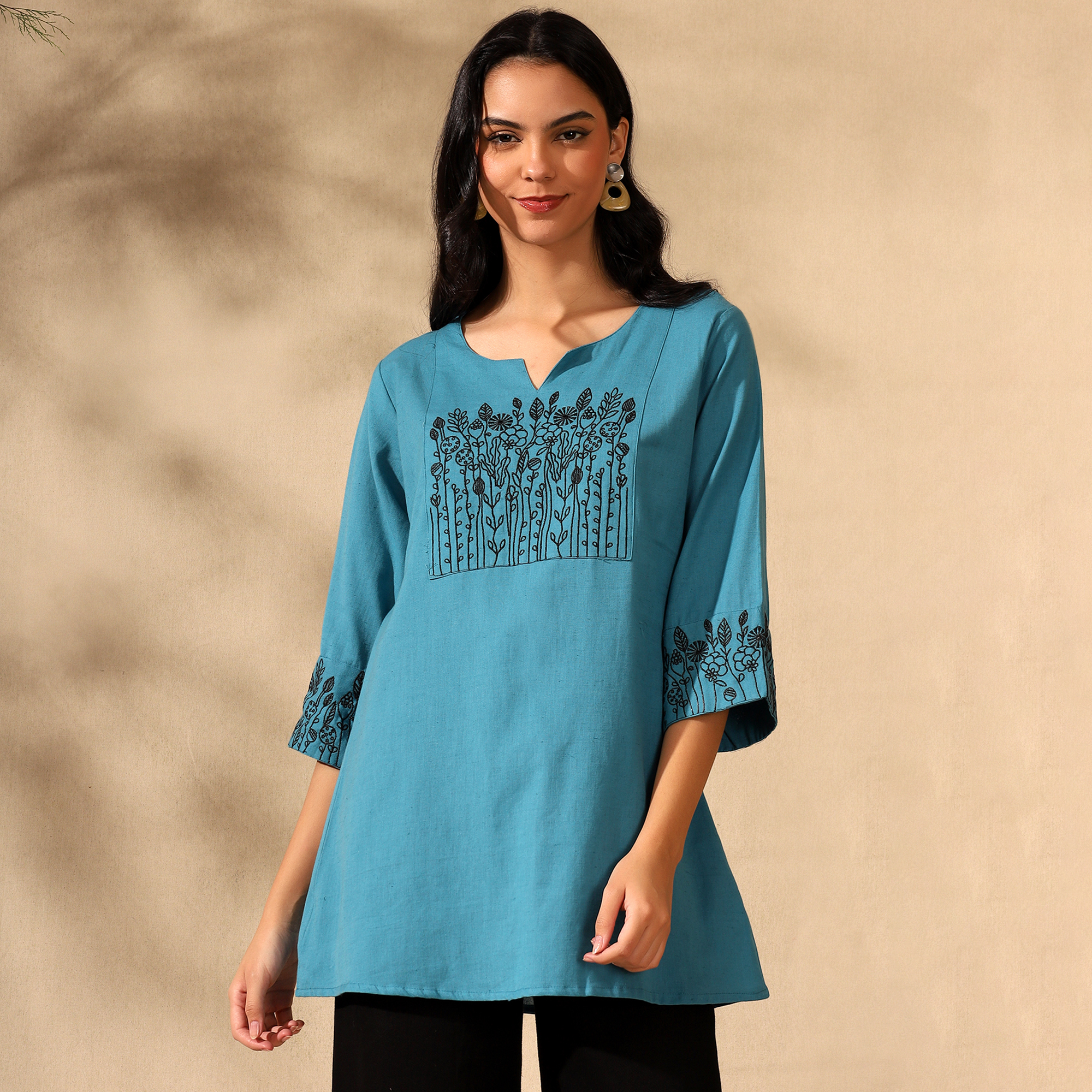 Botanical Embroidered Pure Cotton Blue Short Kurti/Tunic